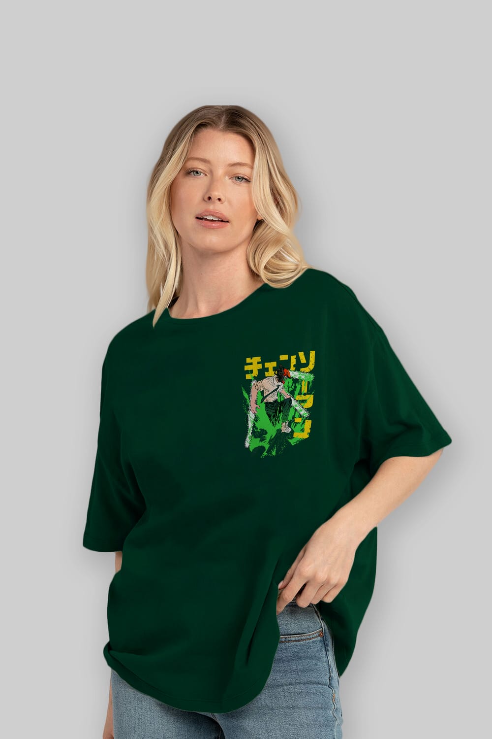 CHAINSAWMAN DENJI Ön Sol Baskılı Oversize t-shirt Erkek Kadın Unisex %100 Pamuk Bisiklet Yaka tişort