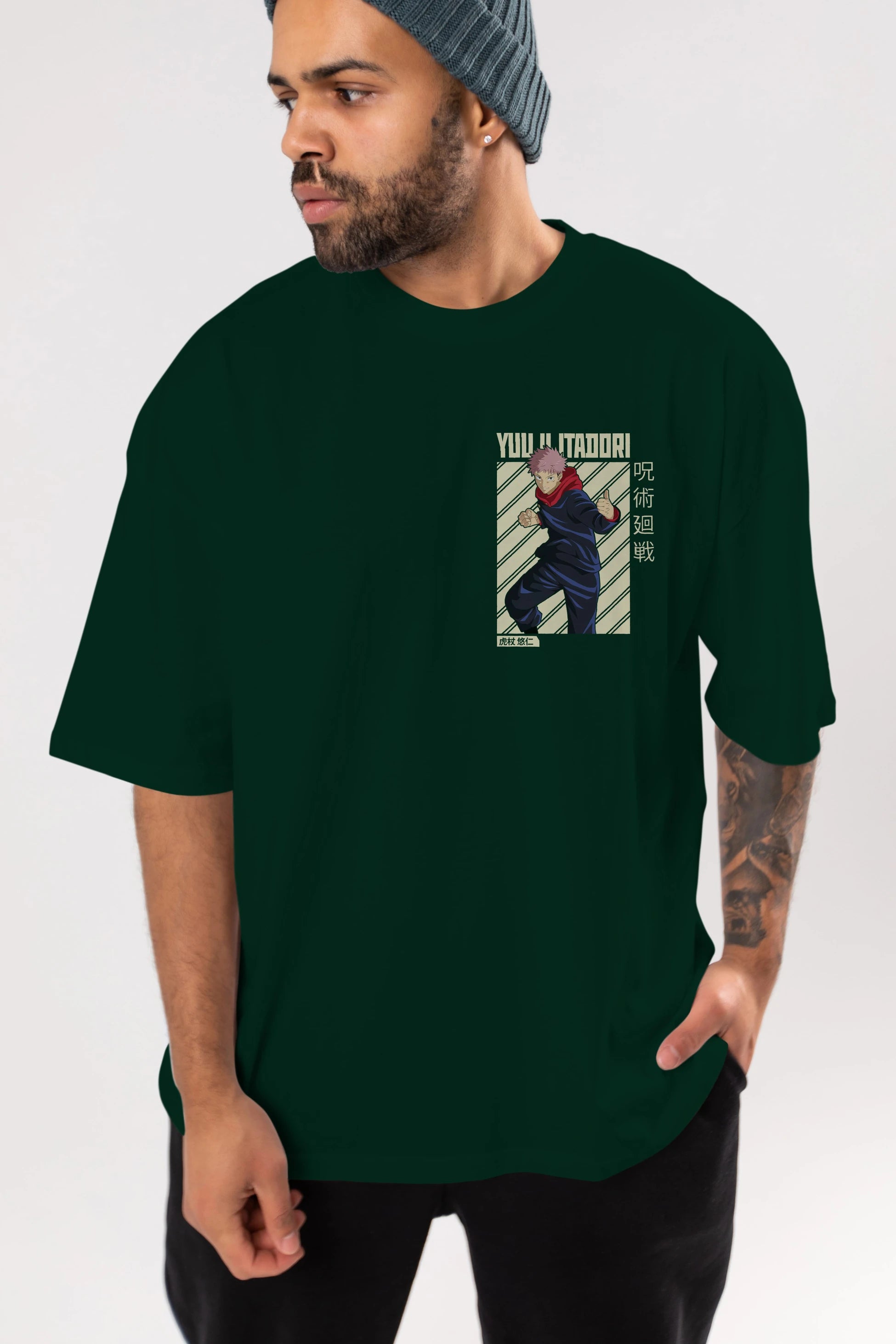 Yuuji Itadori 1 Ön Sol Baskılı Oversize t-shirt Erkek Kadın Unisex %100 Pamuk Bisiklet Yaka tişort