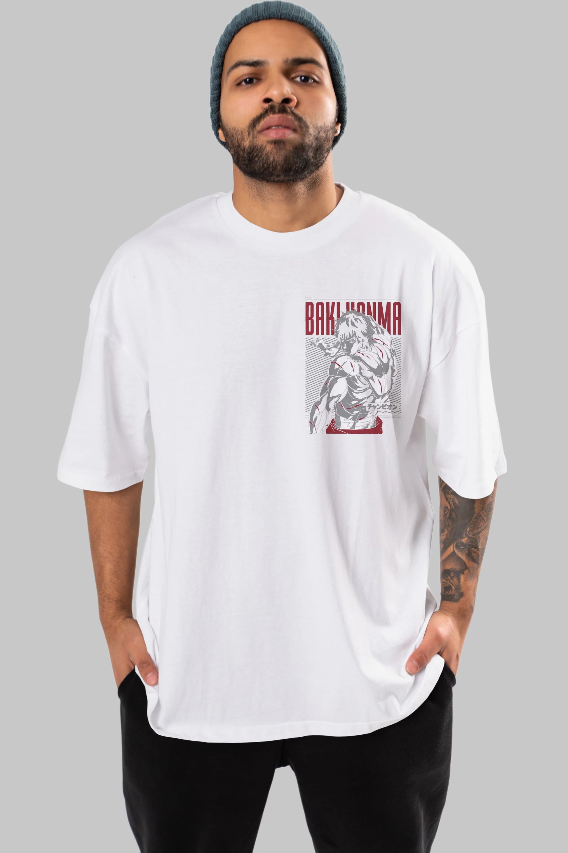 BAKI HANMA Ön Sol Baskılı Oversize t-shirt Erkek Kadın Unisex %100 Pamuk Bisiklet Yaka tişort