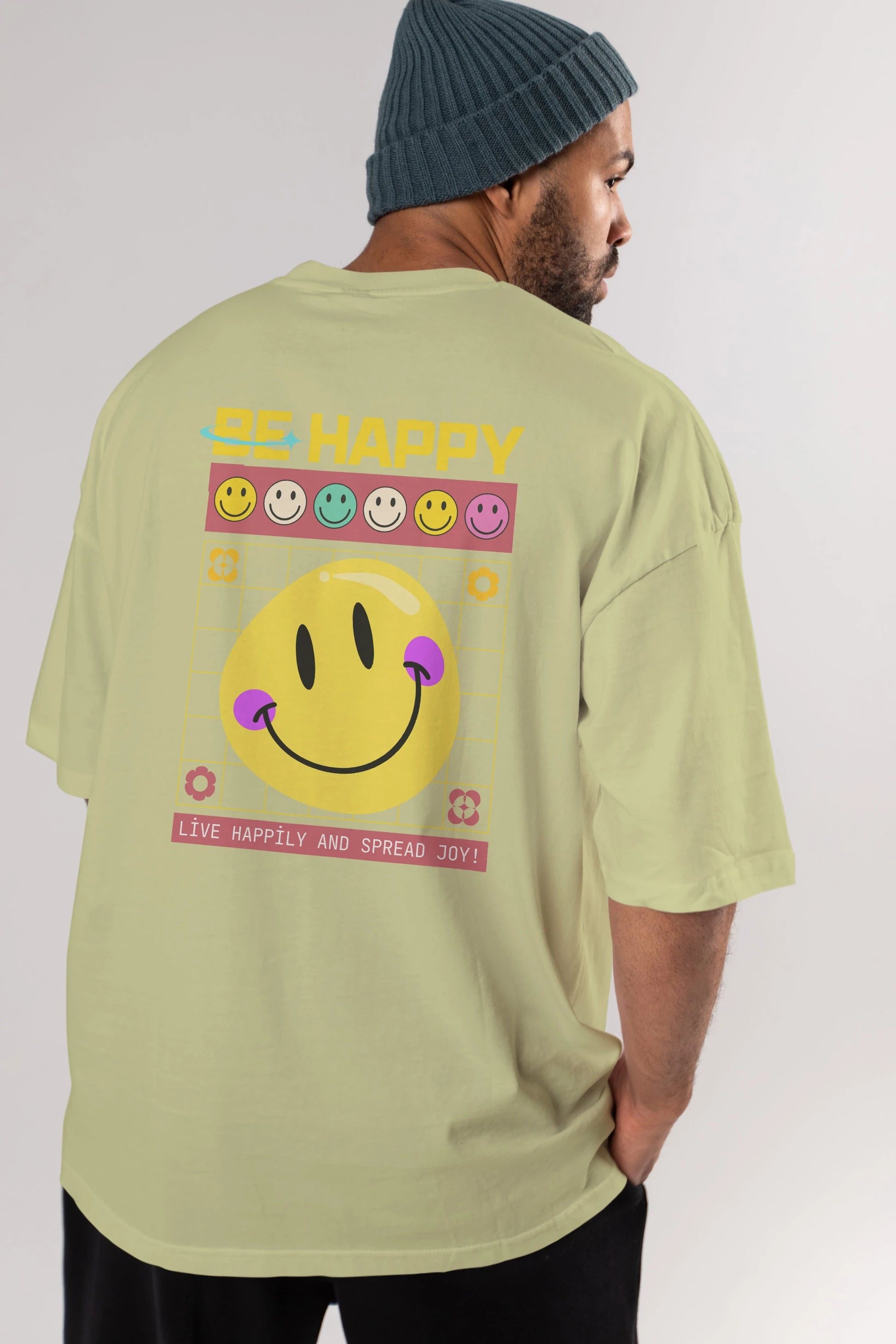 Be Happy Yazılı Arka Baskılı Oversize t-shirt Erkek Kadın Unisex