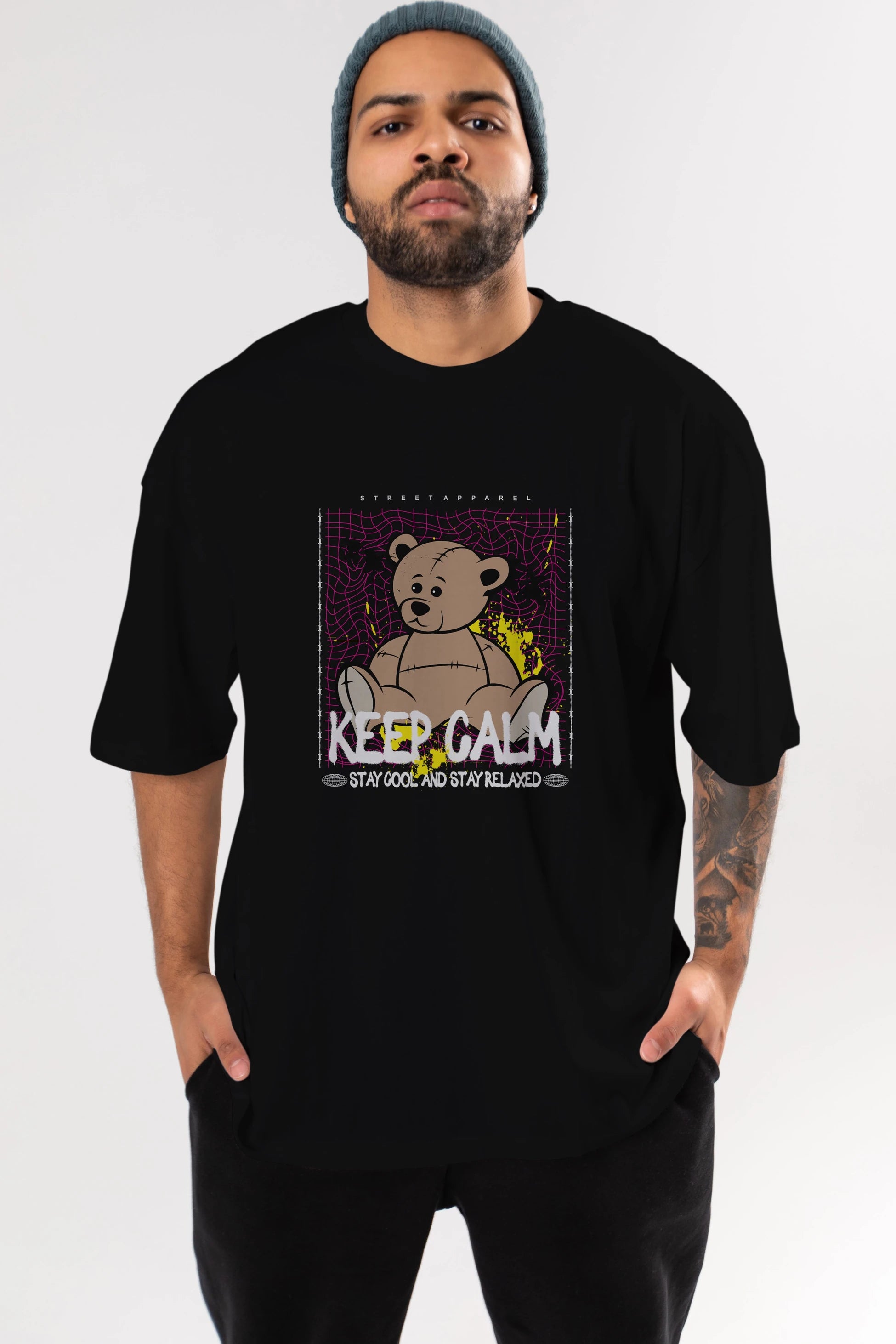 Keep Calm Bear Ön Baskılı Oversize t-shirt Erkek Kadın Unisex