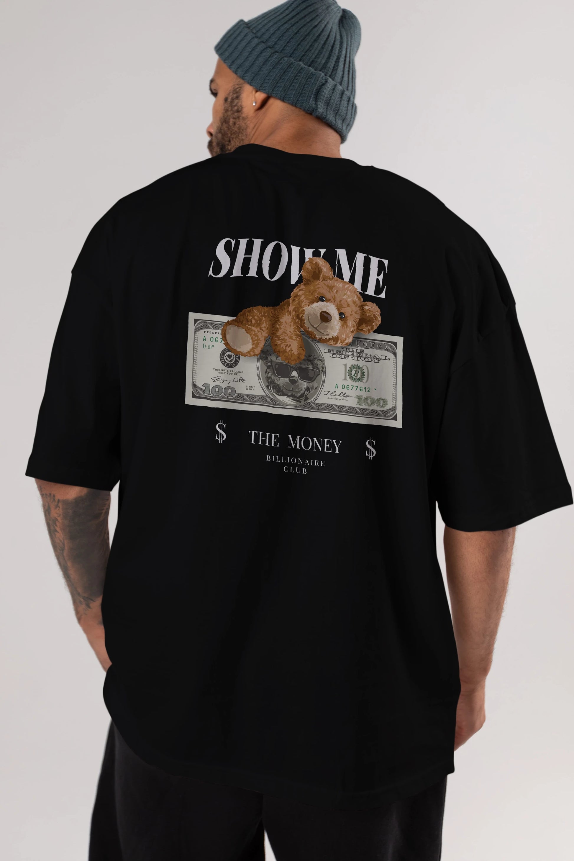 Teddy Bear The Money Arka Baskılı Oversize t-shirt Erkek Kadın Unisex %100 Pamuk