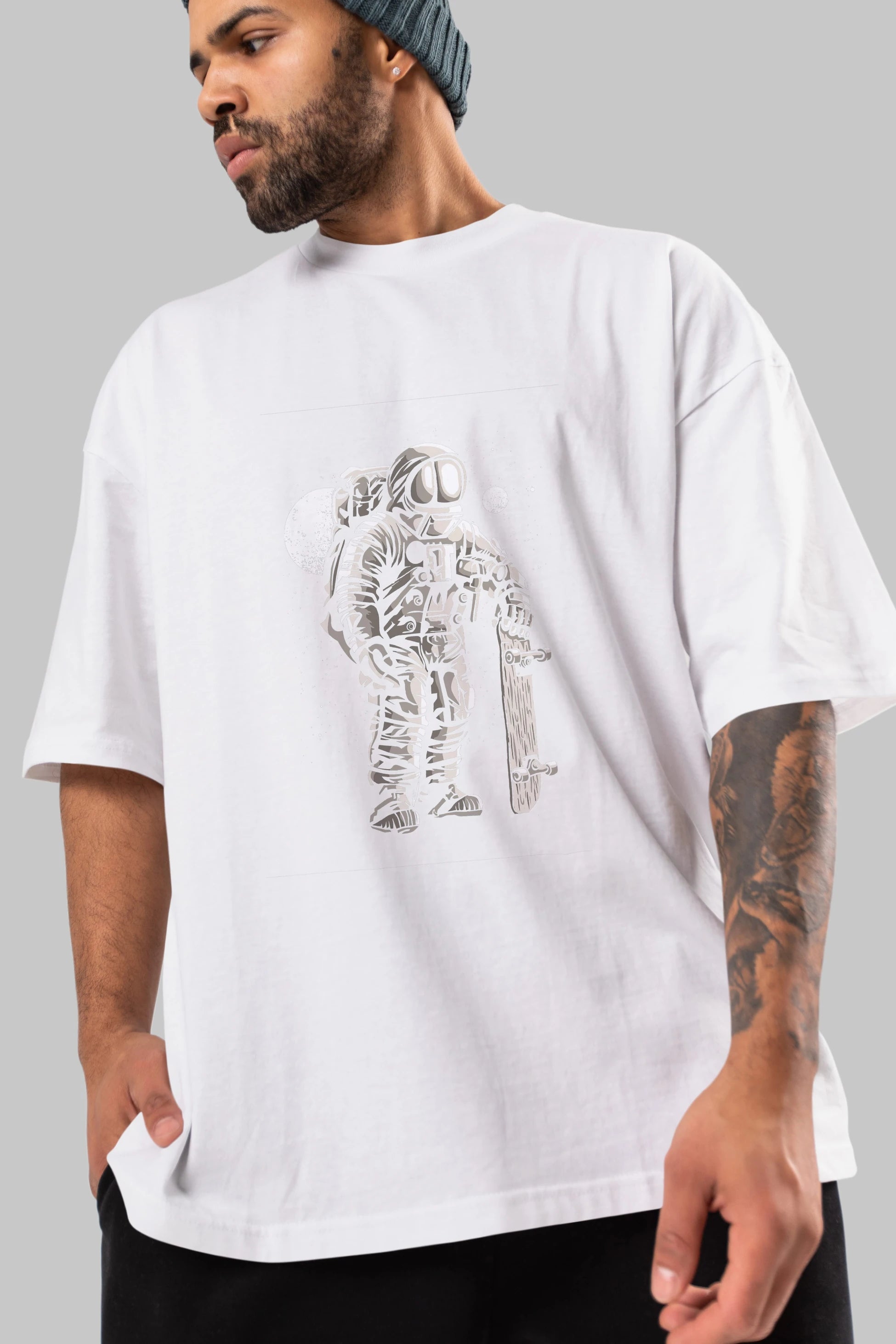 Astronaut Skater Ön Baskılı Oversize t-shirt Erkek Kadın Unisex %100 Pamuk tişort