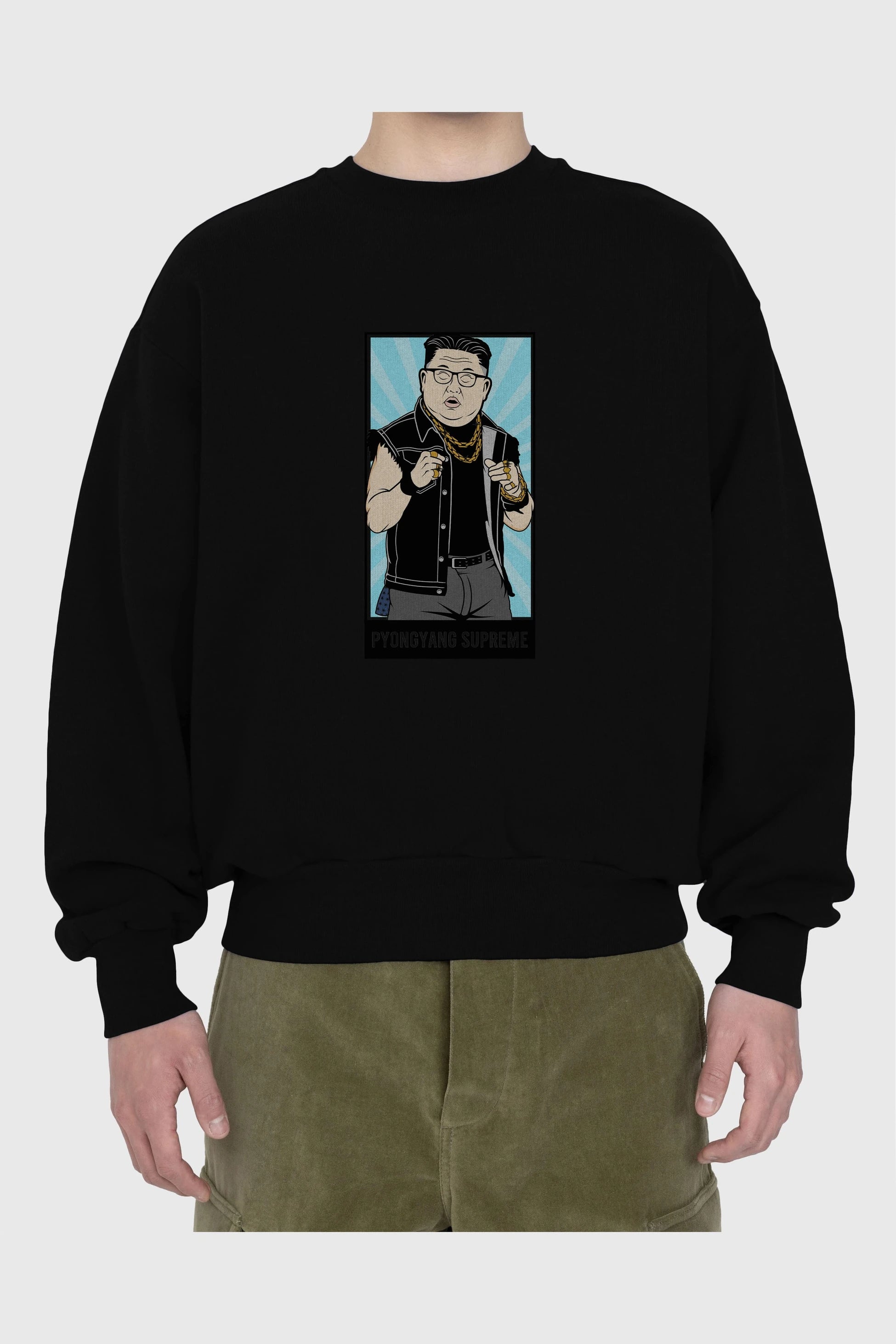 Kim Jong Un Pyongyang Supreme Ön Baskılı Oversize Sweatshirt Erkek Kadın Unisex
