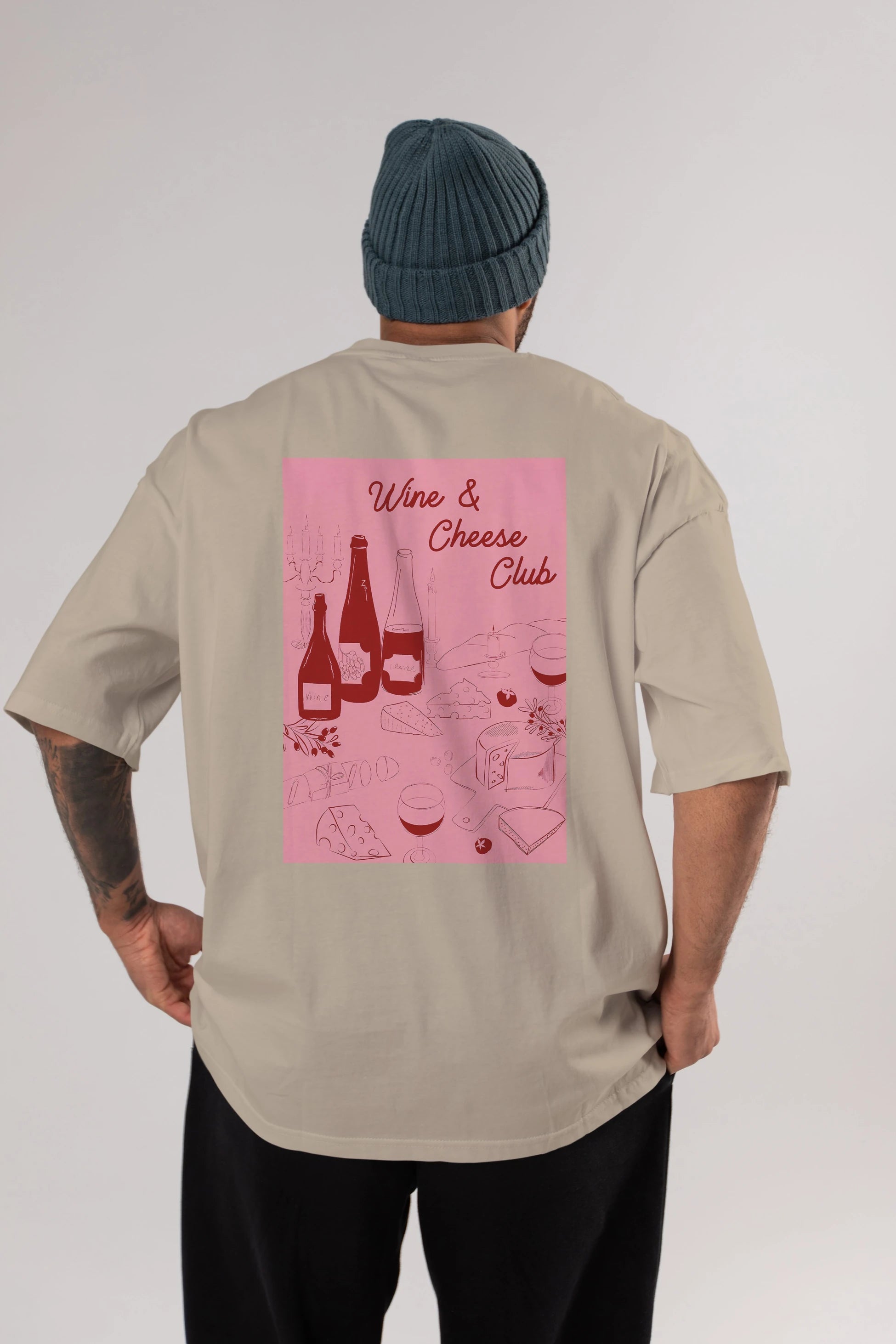 Wine Cheese Club Arka Baskılı Oversize t-shirt Erkek Kadın Unisex %100 Pamuk Bisiklet Yaka tişort