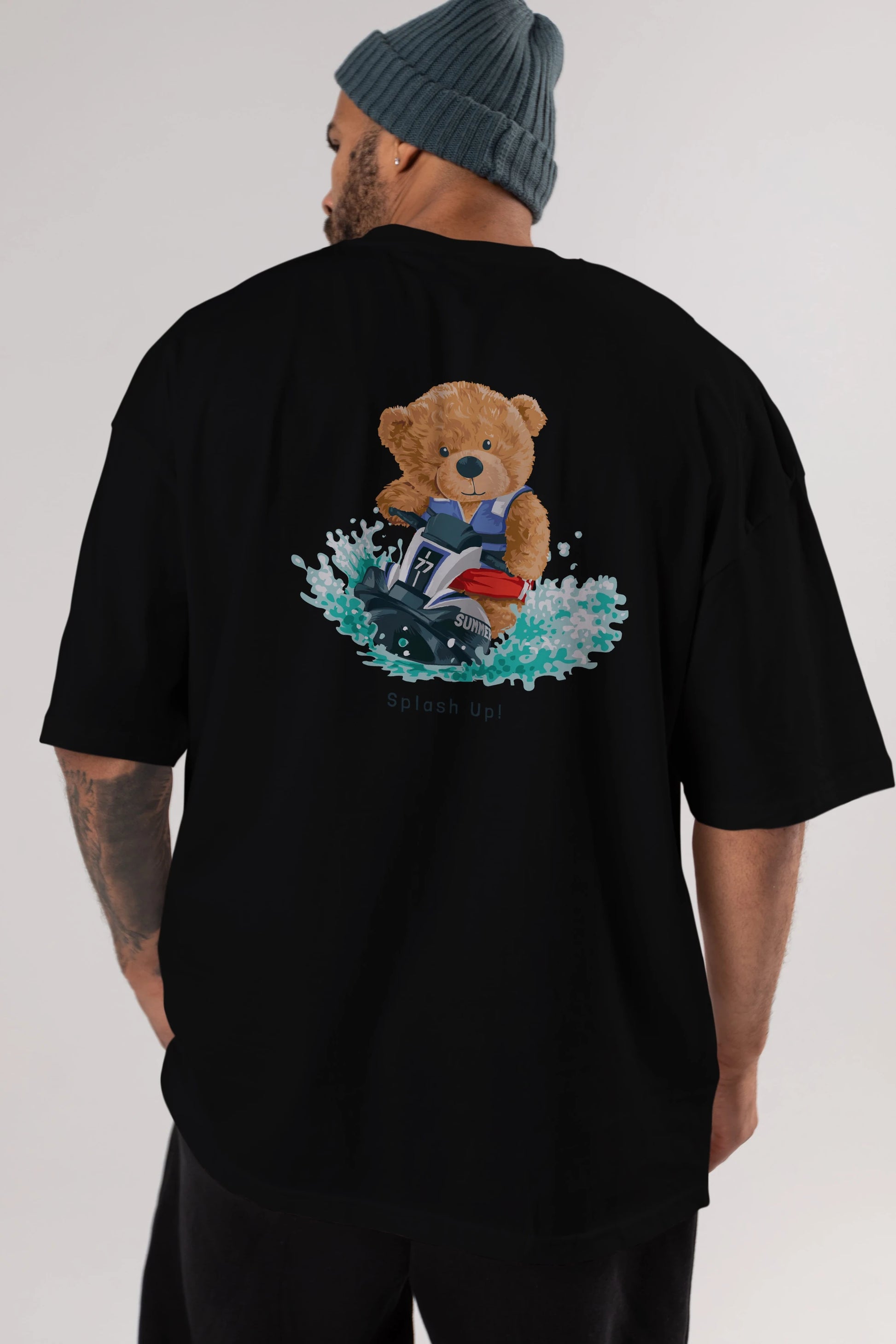Teddy Bear Splash Up Arka Baskılı Oversize t-shirt Erkek Kadın Unisex %100 Pamuk
