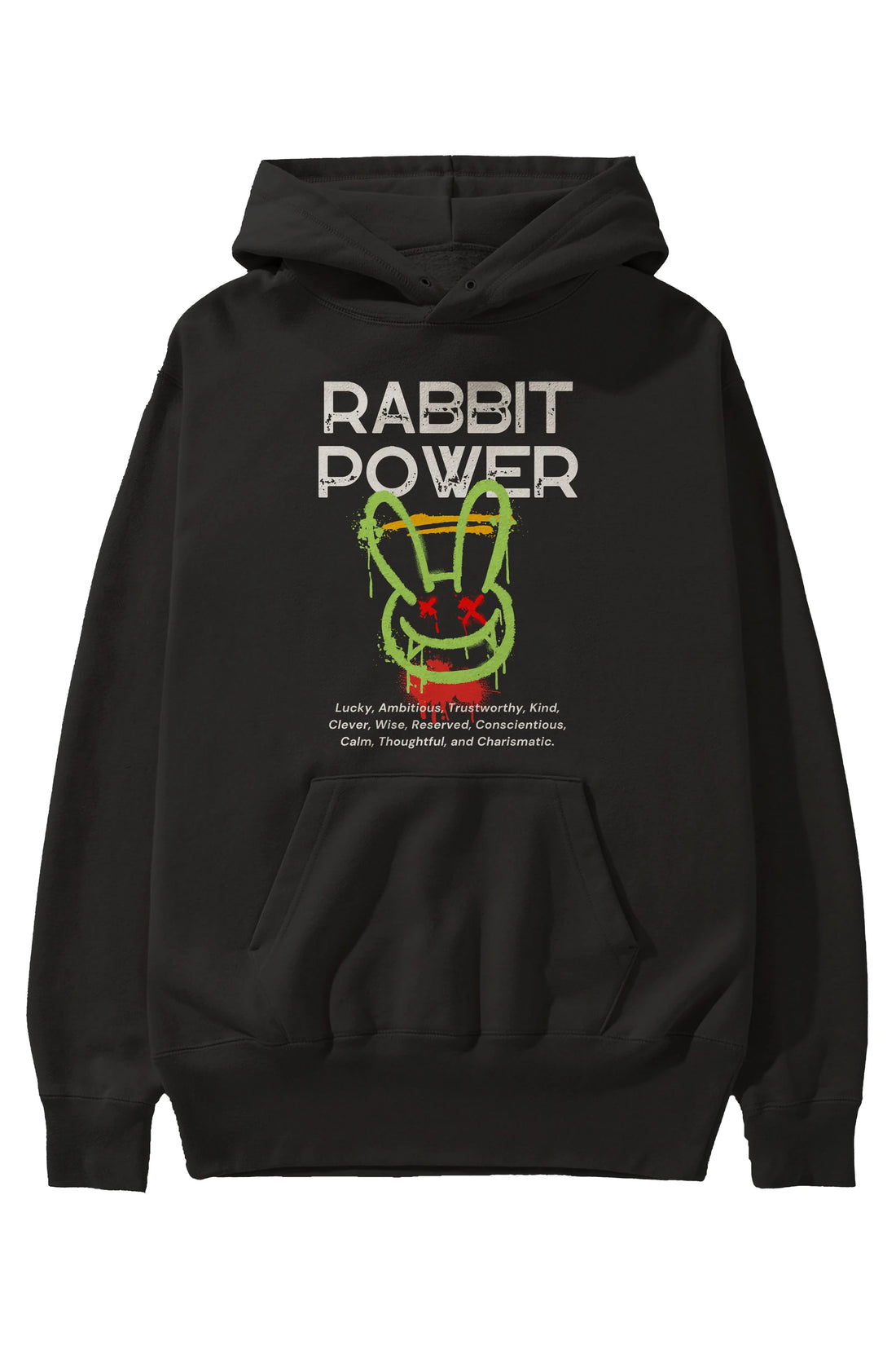 Rabbit Power Yazılı Ön Baskılı Oversize Hoodie Kapüşonlu Sweatshirt Erkek Kadın Unisex