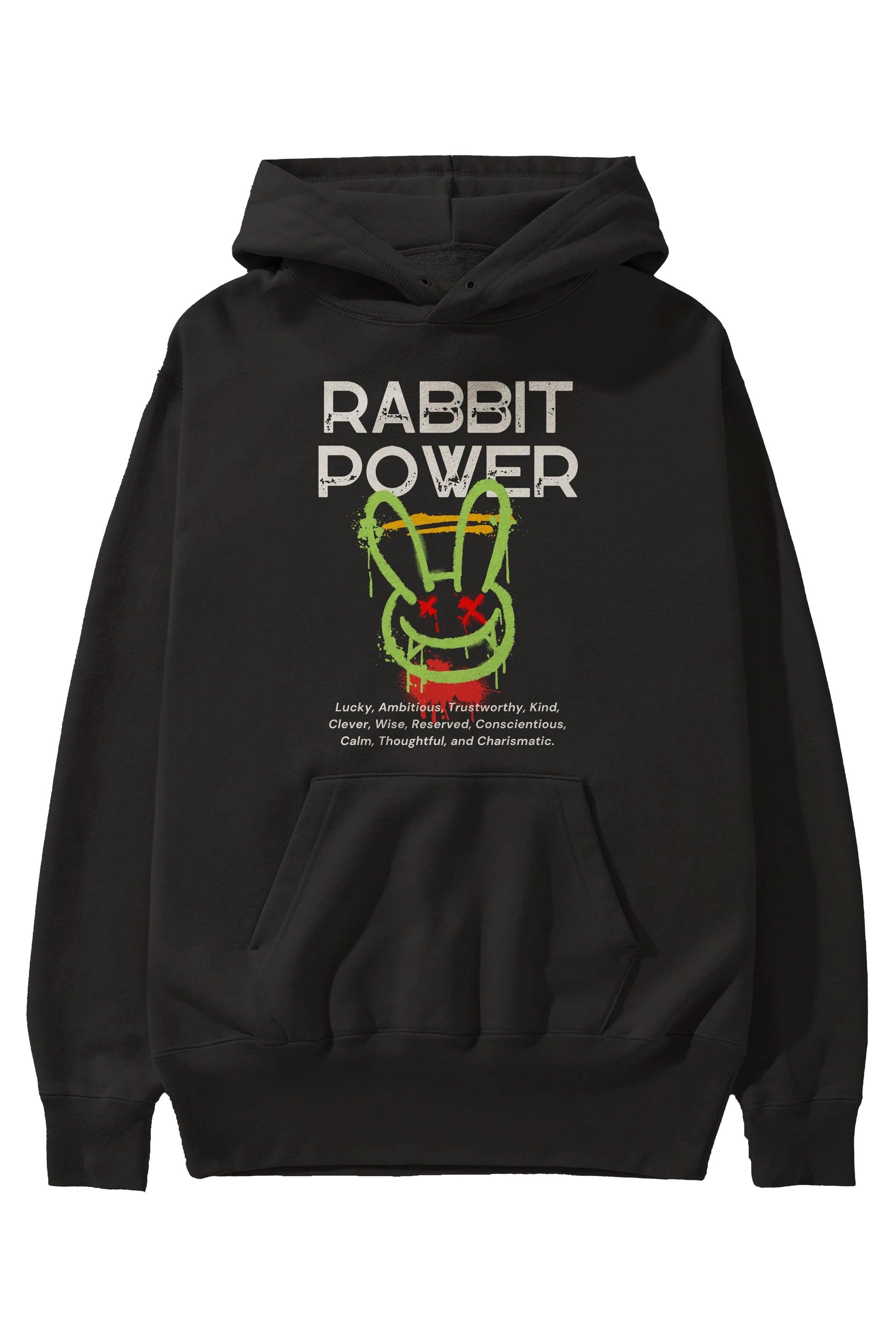Rabbit Power Yazılı Ön Baskılı Oversize Hoodie Kapüşonlu Sweatshirt Erkek Kadın Unisex