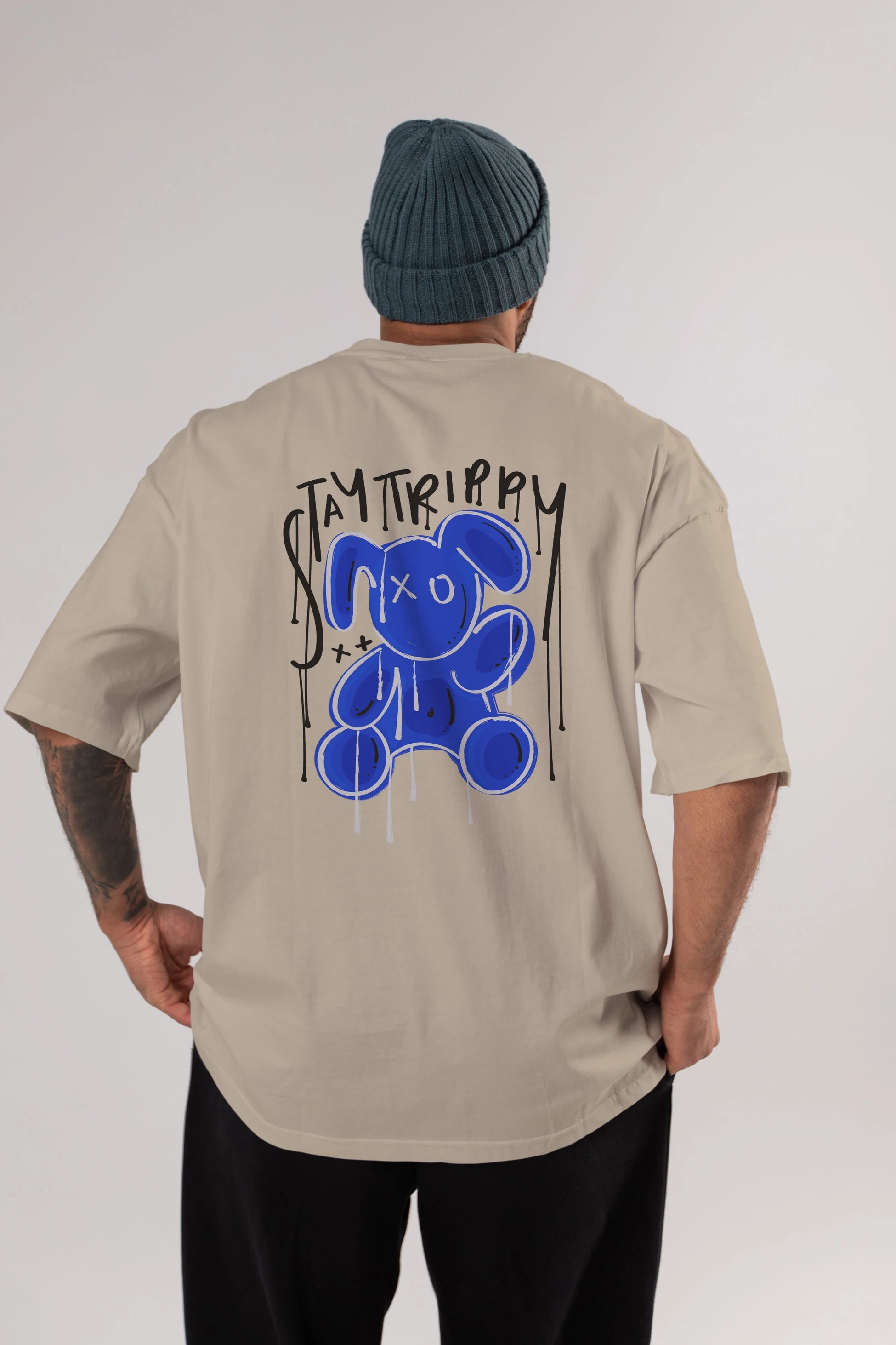 Stay Trippy Bear Arka Baskılı Oversize t-shirt Erkek Kadın Unisex