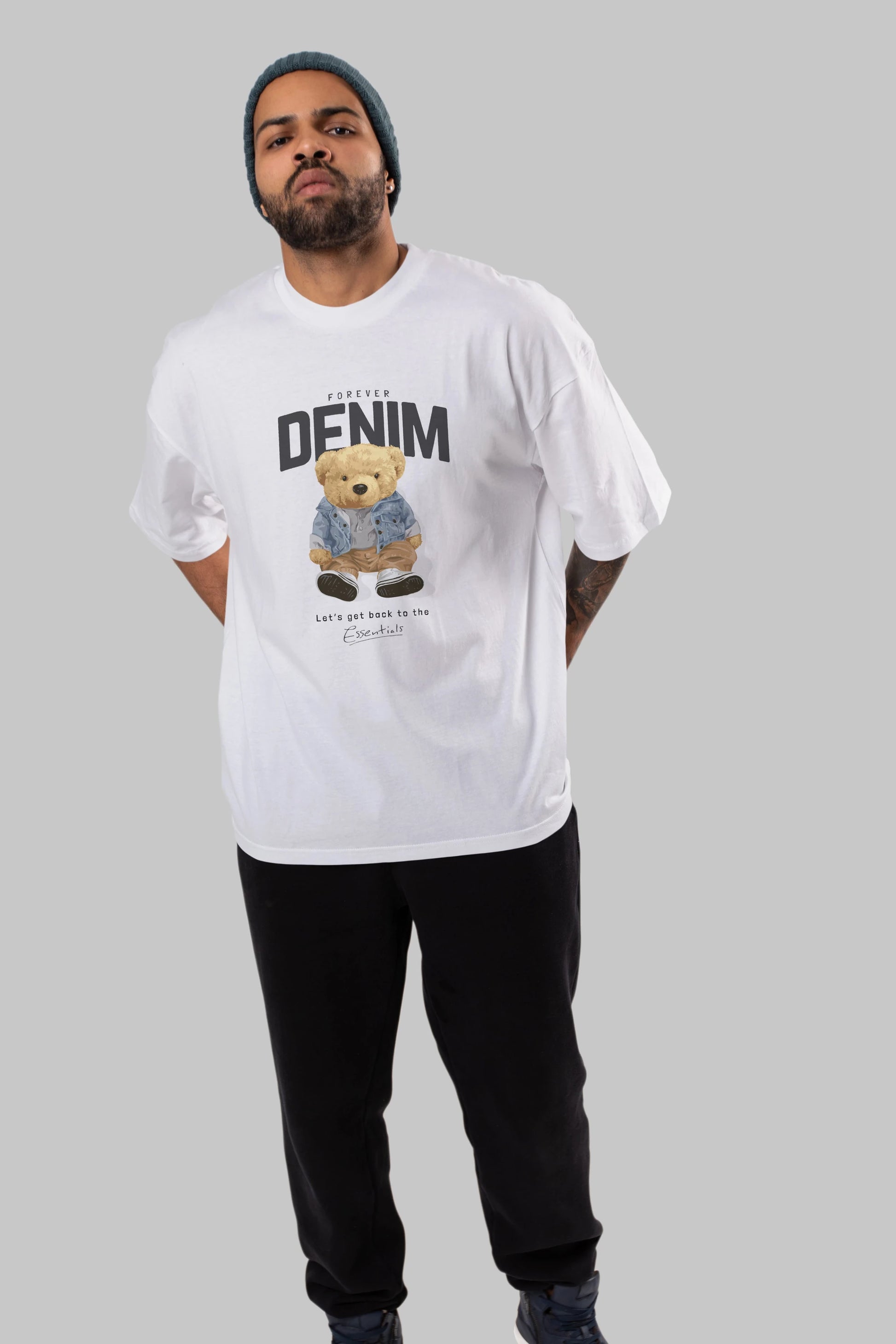 Teddy Bear Forever Denim Ön Baskılı Oversize t-shirt Erkek Kadın Unisex %100 Pamuk