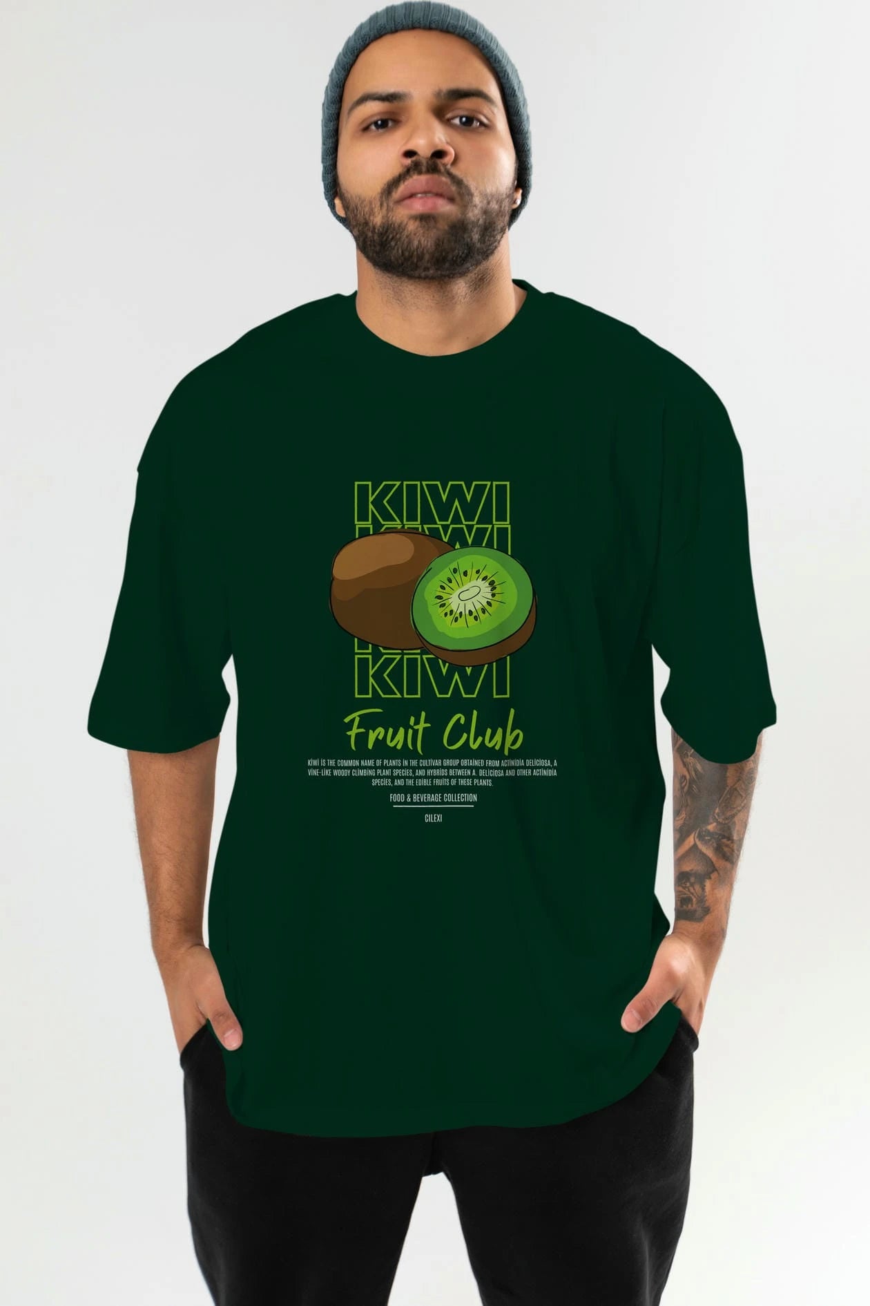 Kiwi Ön Baskılı Oversize t-shirt Erkek Kadın Pamuk Bisiklet Yaka tişort