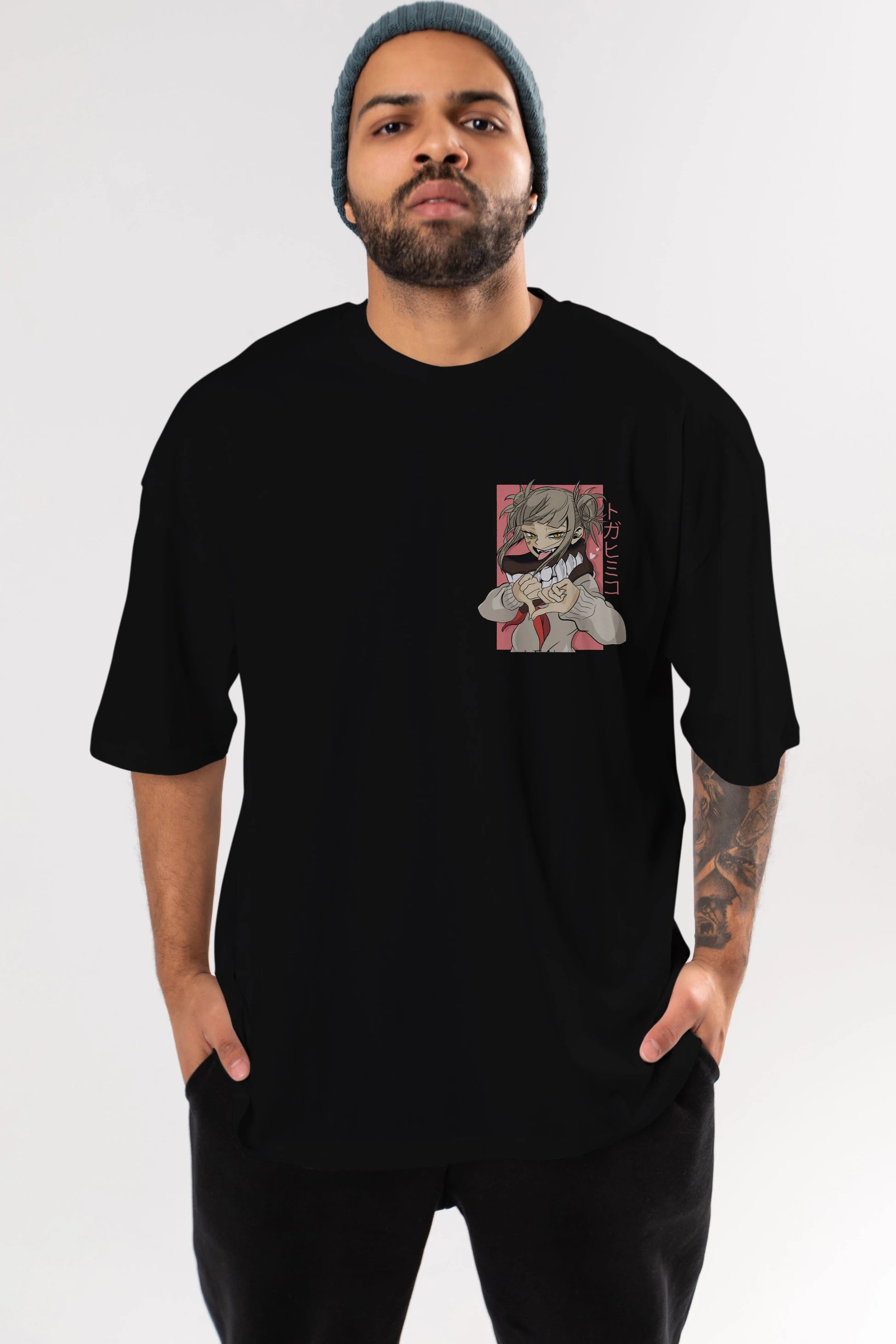 Himiko Toga Ön Sol Baskılı Oversize t-shirt Erkek Kadın Unisex %100 Pamuk Bisiklet Yaka tişort