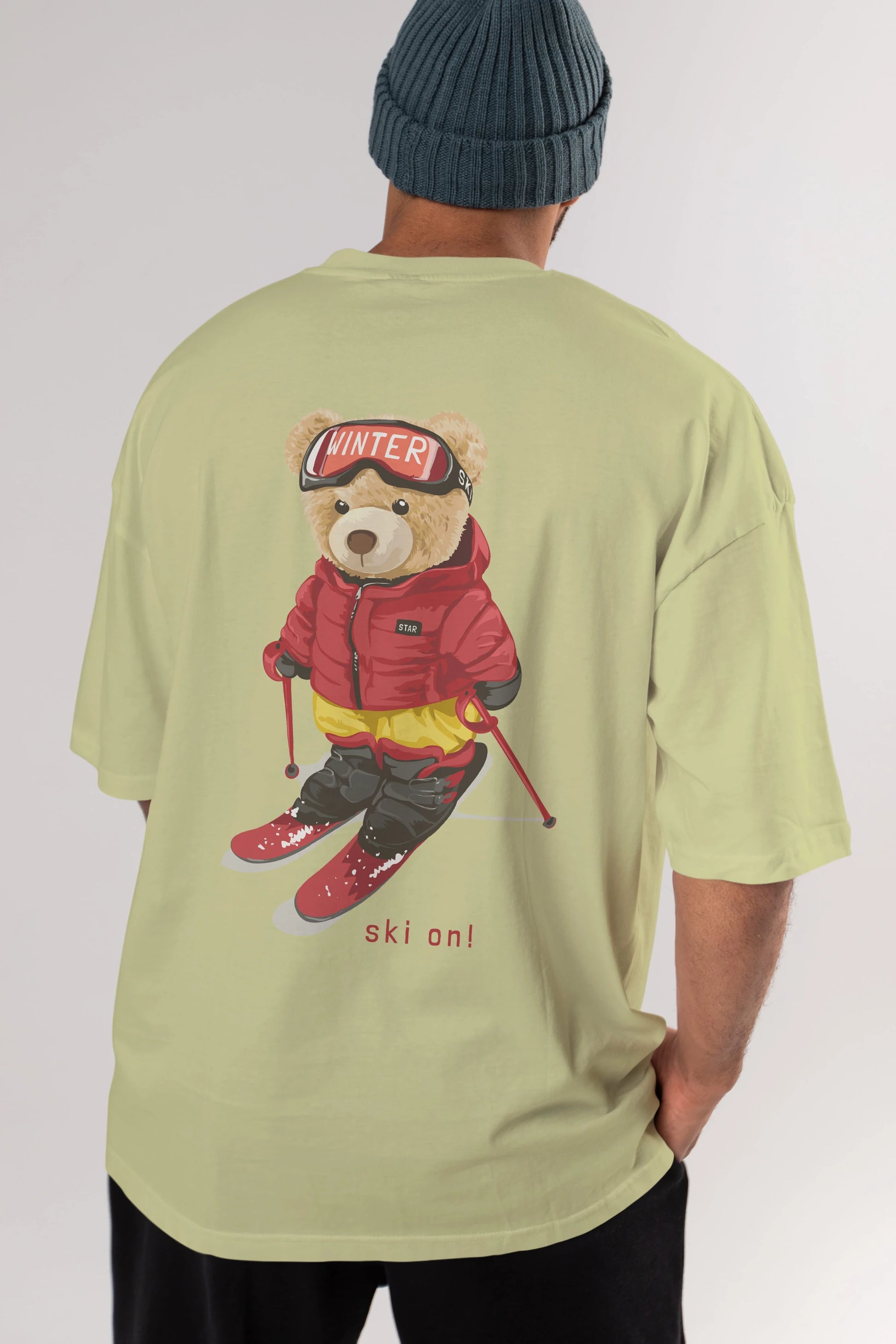 Teddy Bear Ski On Arka Baskılı Oversize t-shirt Erkek Kadın Unisex %100 Pamuk