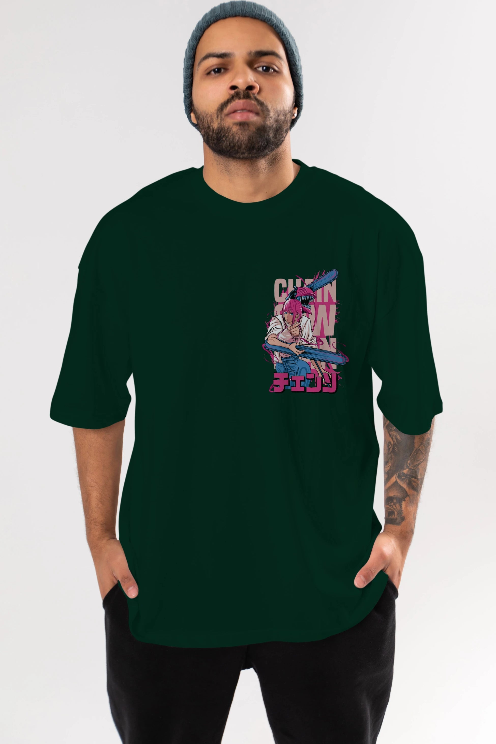 DENJI and MAKIMA Ön Sol Baskılı Oversize t-shirt Erkek Kadın Unisex %100 Pamuk Bisiklet Yaka tişort