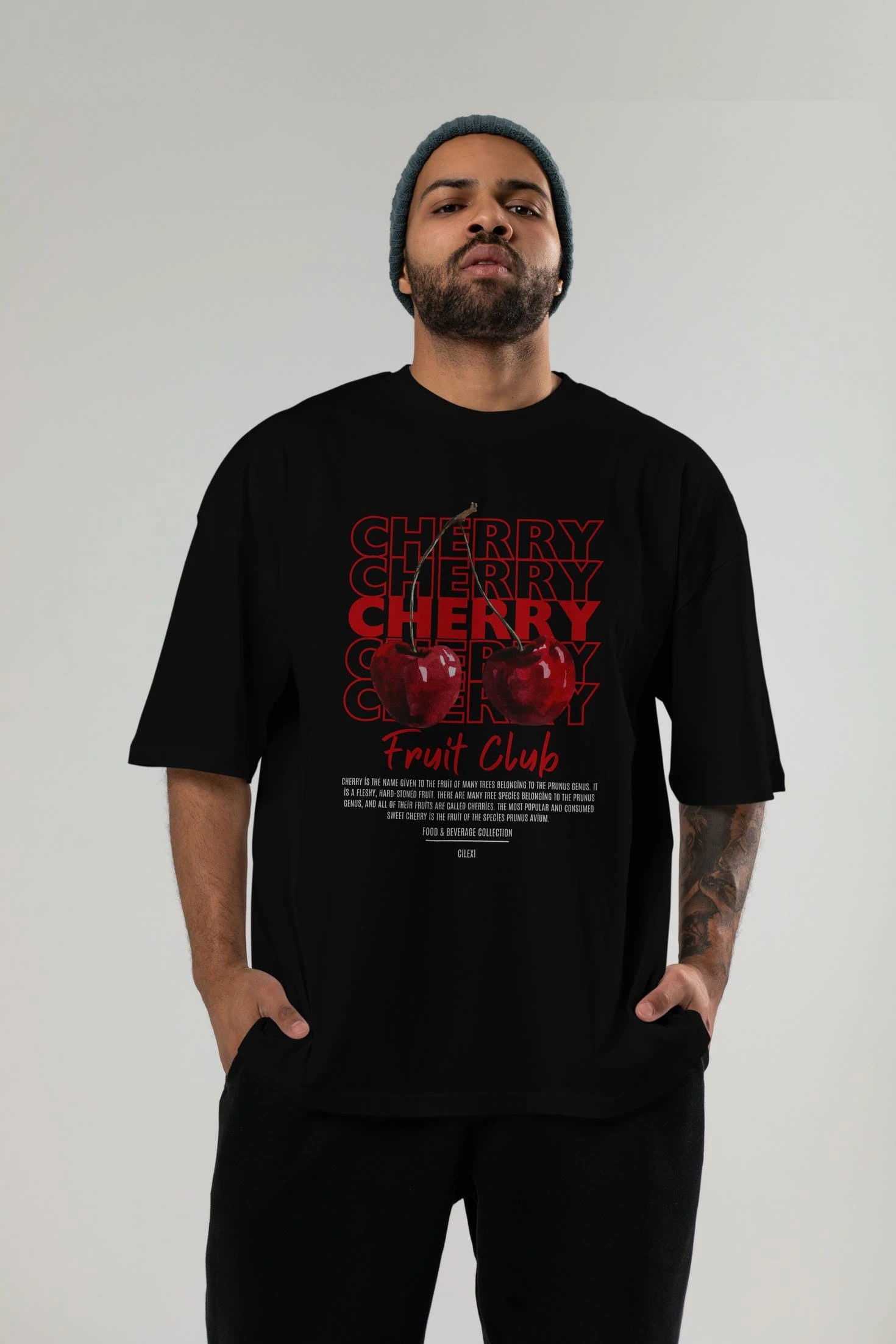 Cherry Ön Baskılı Oversize t-shirt Erkek Kadın Pamuk Bisiklet Yaka tişort