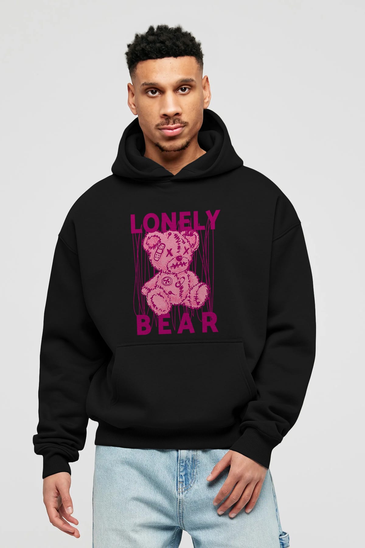 Lonely Bear Ön Baskılı Hoodie Oversize Kapüşonlu Sweatshirt Erkek Kadın Unisex