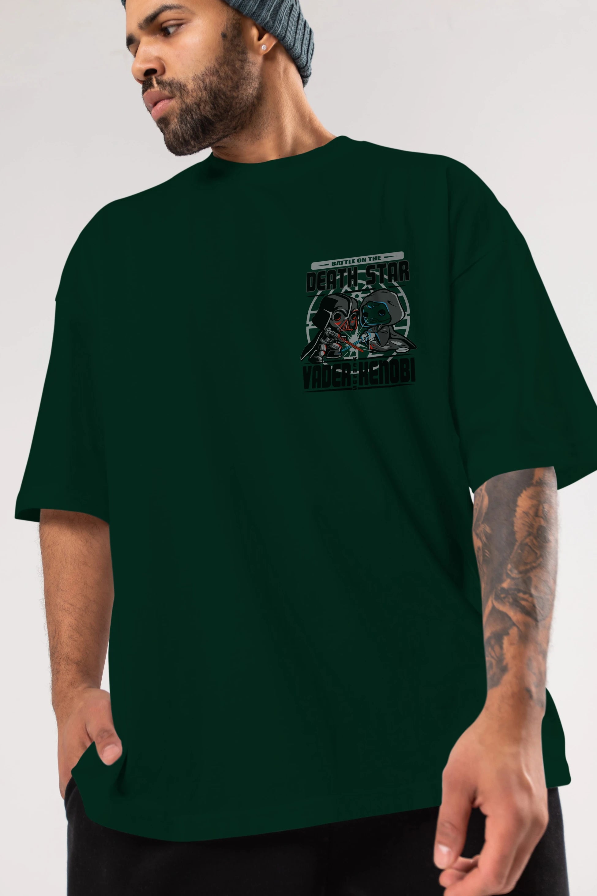 Vader Kenobi Ön Sol Baskılı Oversize t-shirt Erkek Kadın Unisex %100 Pamuk Bisiklet Yaka tişort