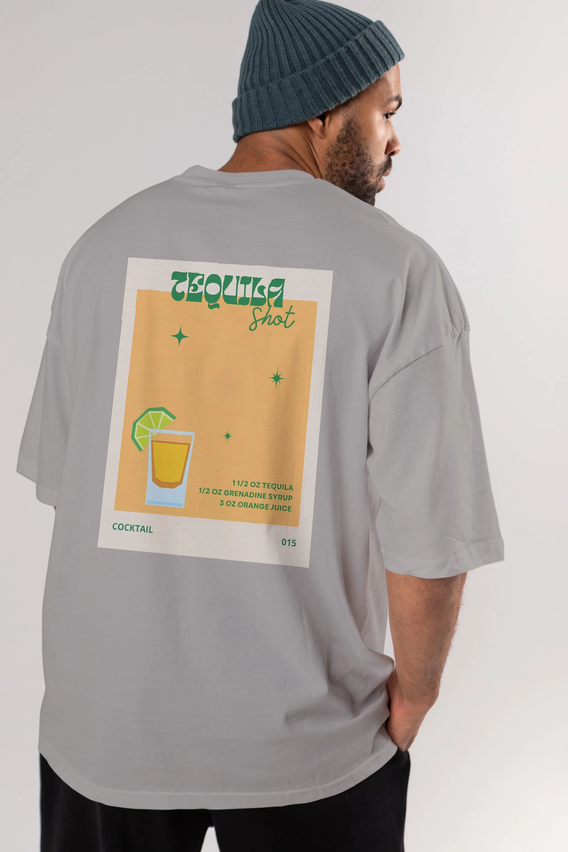 Tequila Shot 2 Arka Baskılı Oversize t-shirt Erkek Kadın Unisex %100 Pamuk Bisiklet Yaka tişort