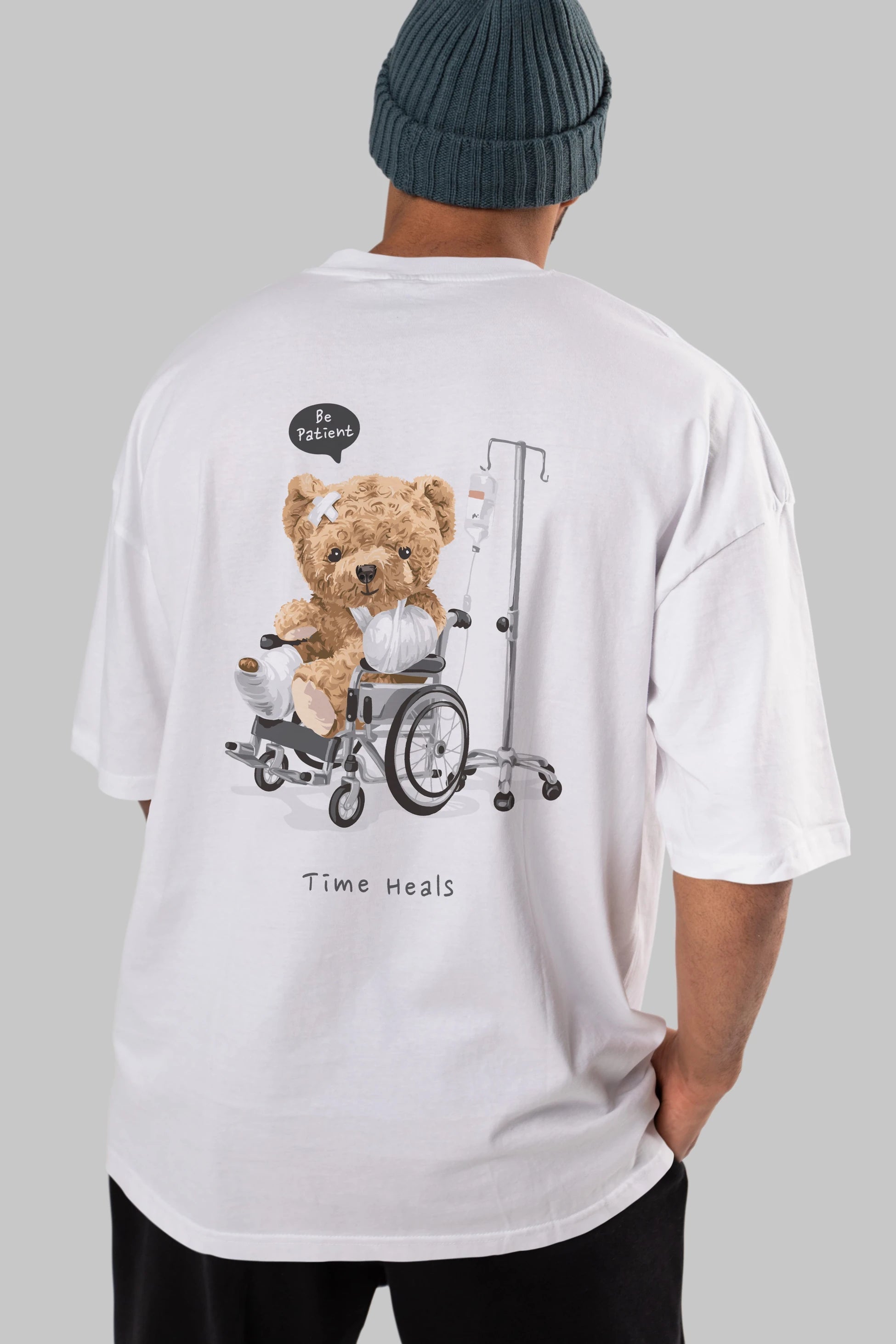 Teddy Bear Time Heals Arka Baskılı Oversize t-shirt Erkek Kadın Unisex %100 Pamuk