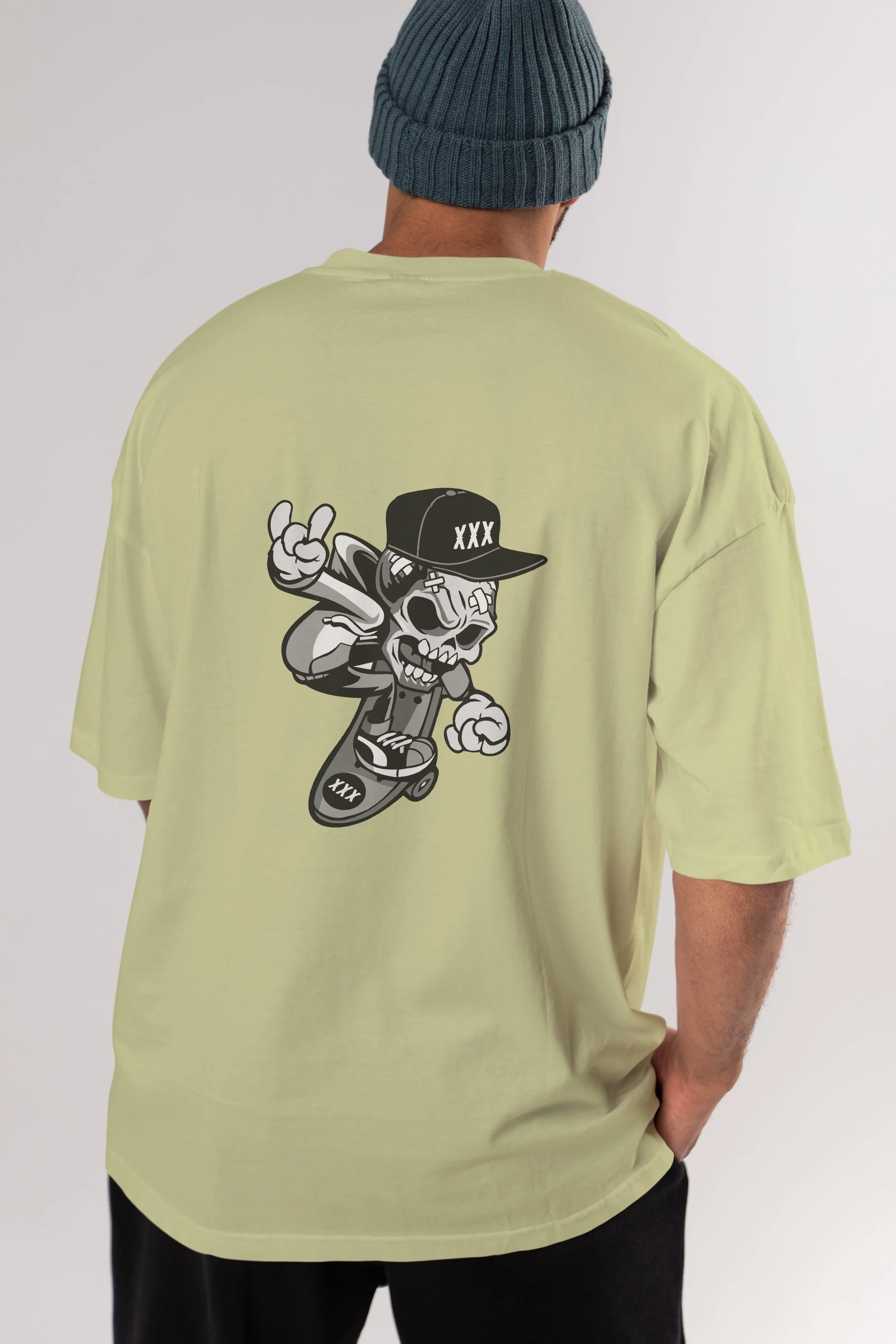 Skull Skateboard Arka Baskılı Oversize t-shirt Erkek Kadın Unisex %100 Pamuk tişort