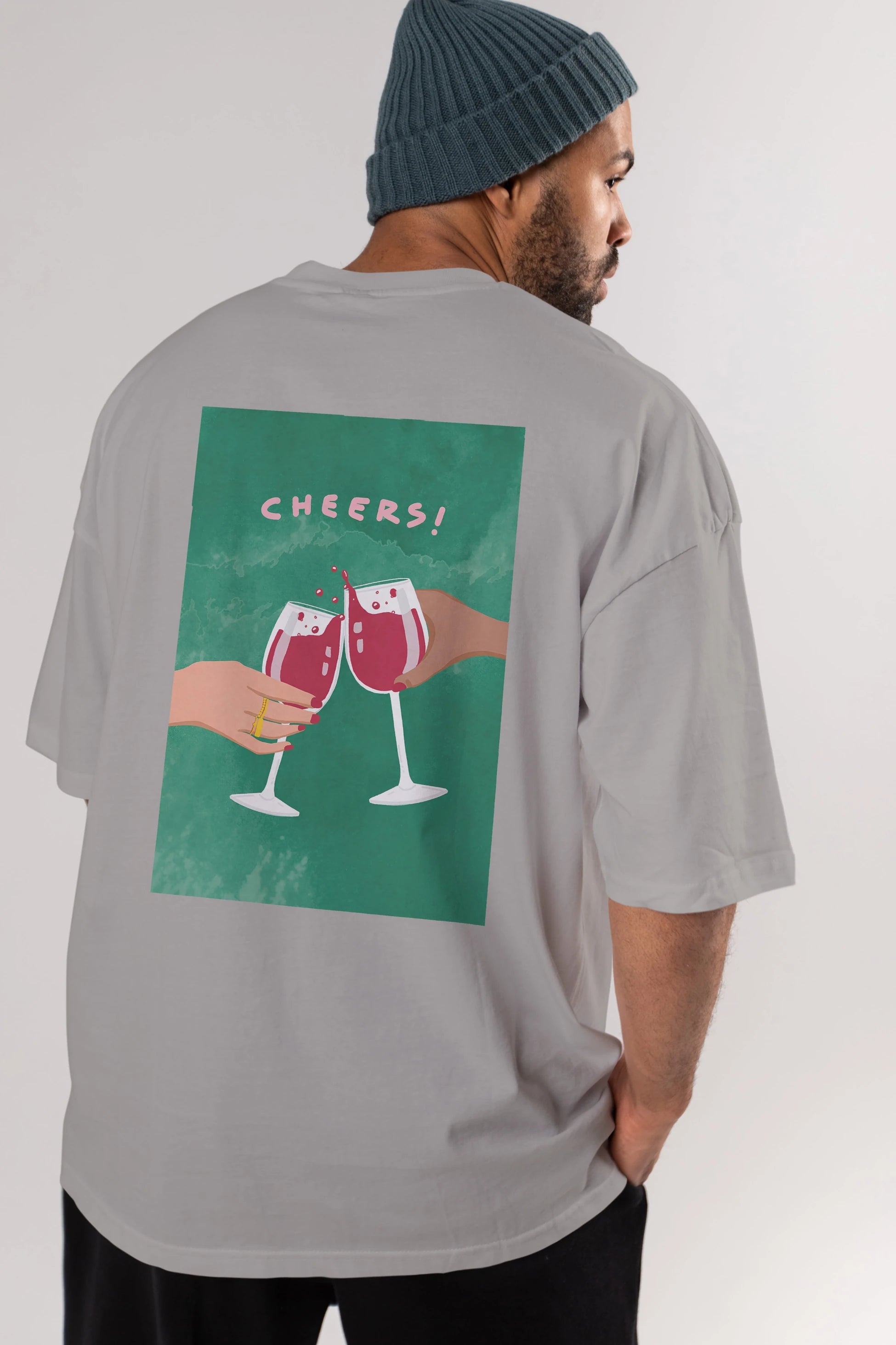 Cheers Arka Baskılı Oversize t-shirt Erkek Kadın Unisex %100 Pamuk Bisiklet Yaka tişort