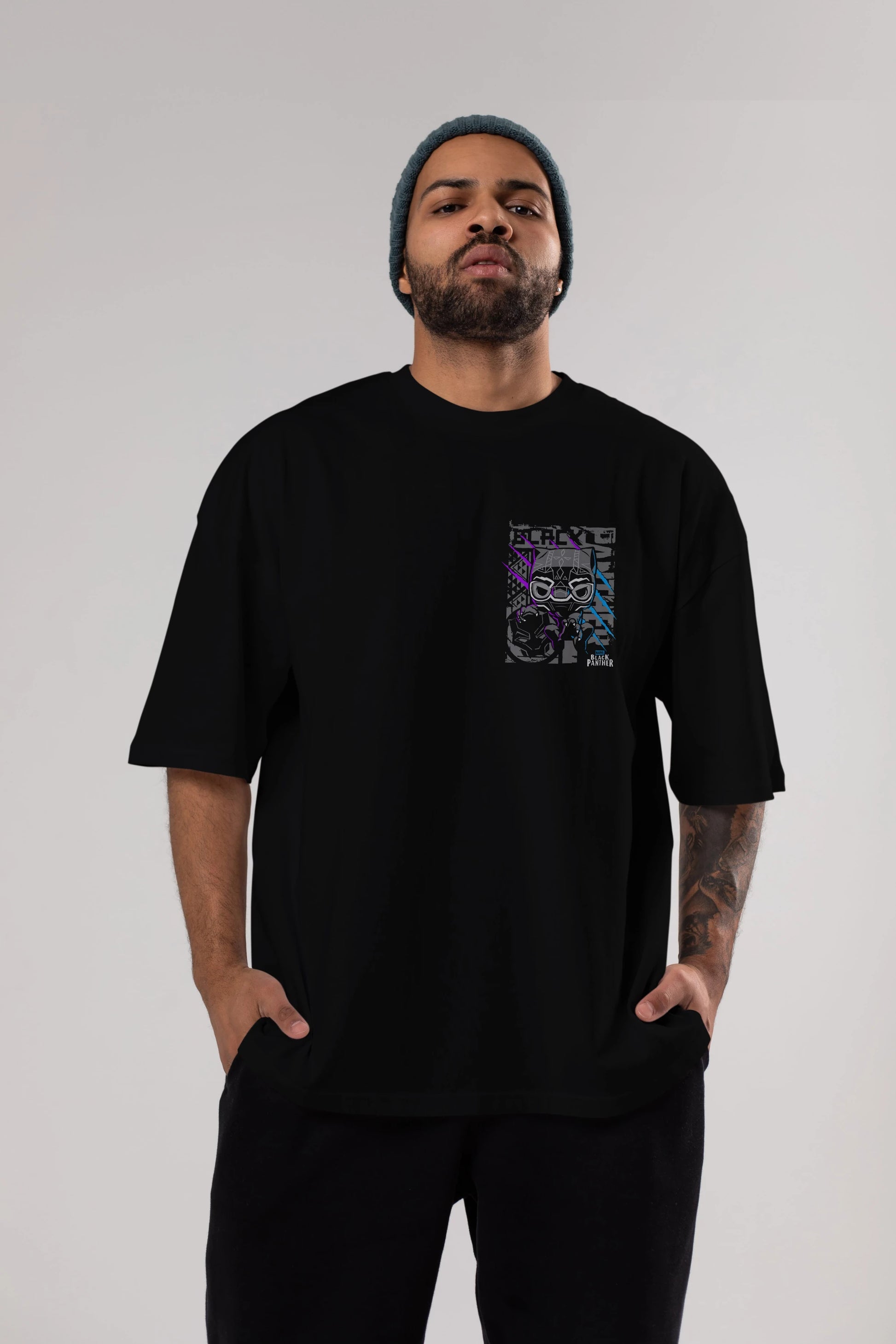 Black Panther Ön Sol Baskılı Oversize t-shirt Erkek Kadın Unisex %100 Pamuk Bisiklet Yaka tişort