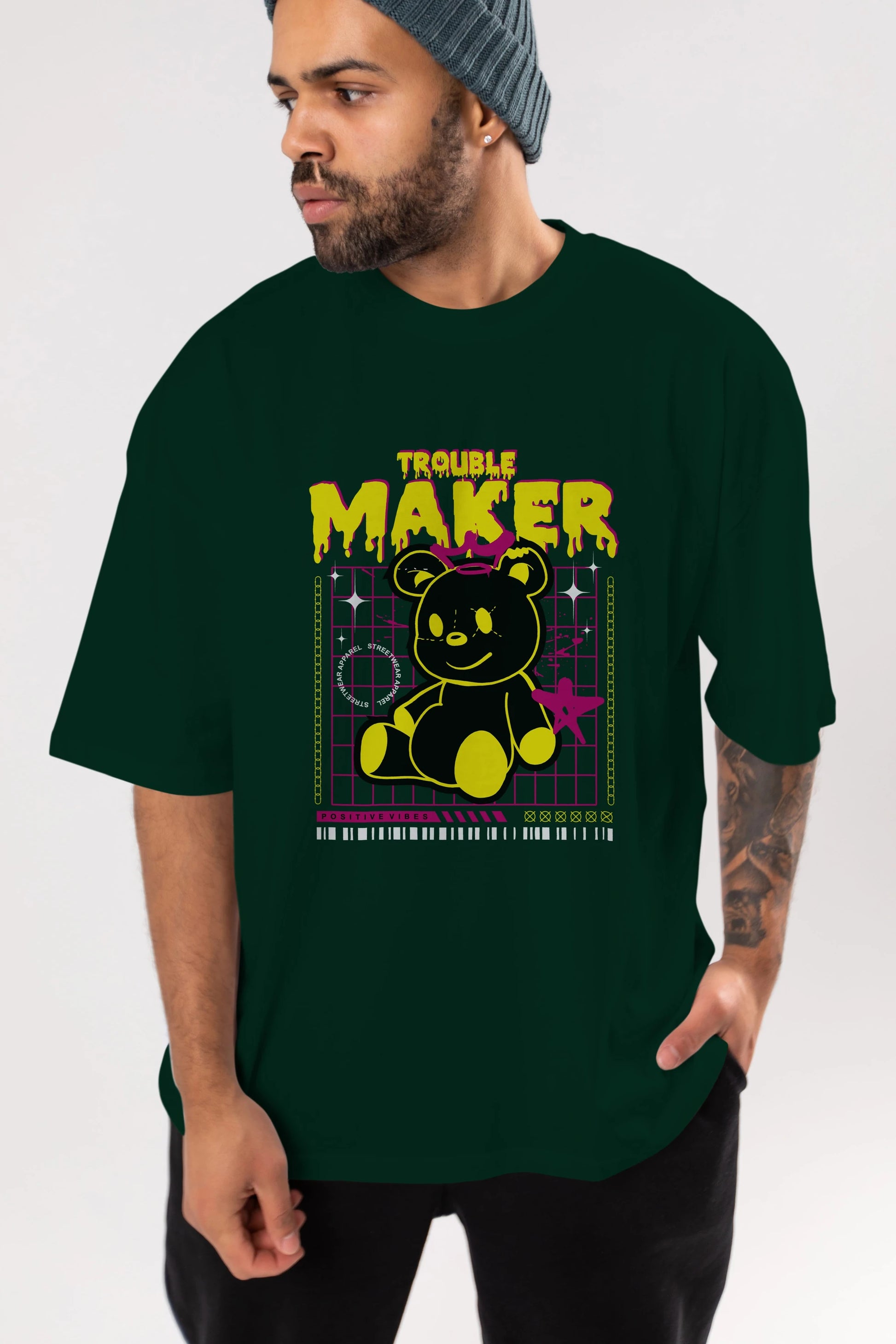 Teddy Bear Trouble Maker Ön Baskılı Oversize t-shirt Erkek Kadın Unisex