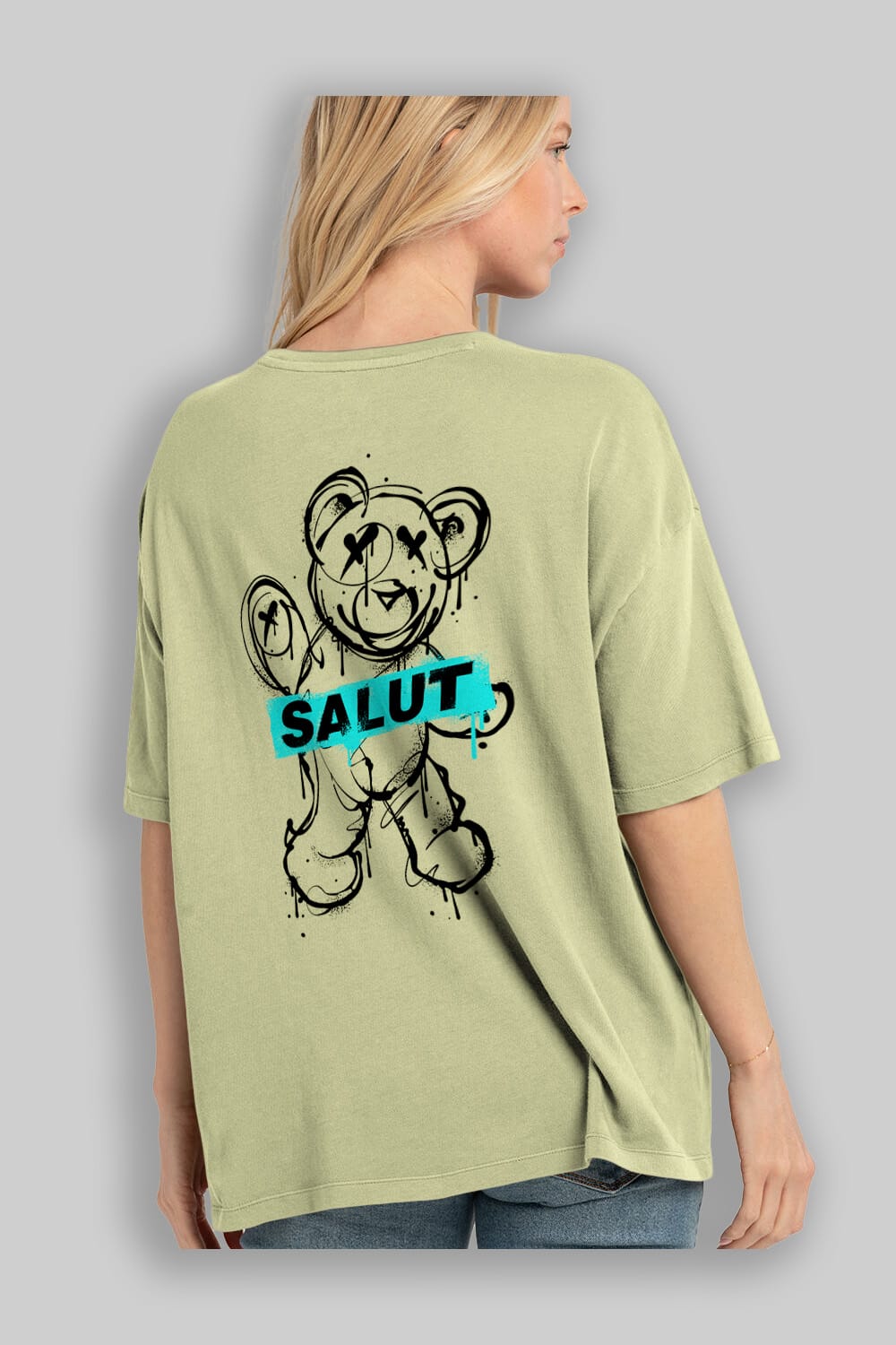 Teddy Bear Salut Arka Baskılı Oversize t-shirt Erkek Kadın Unisex