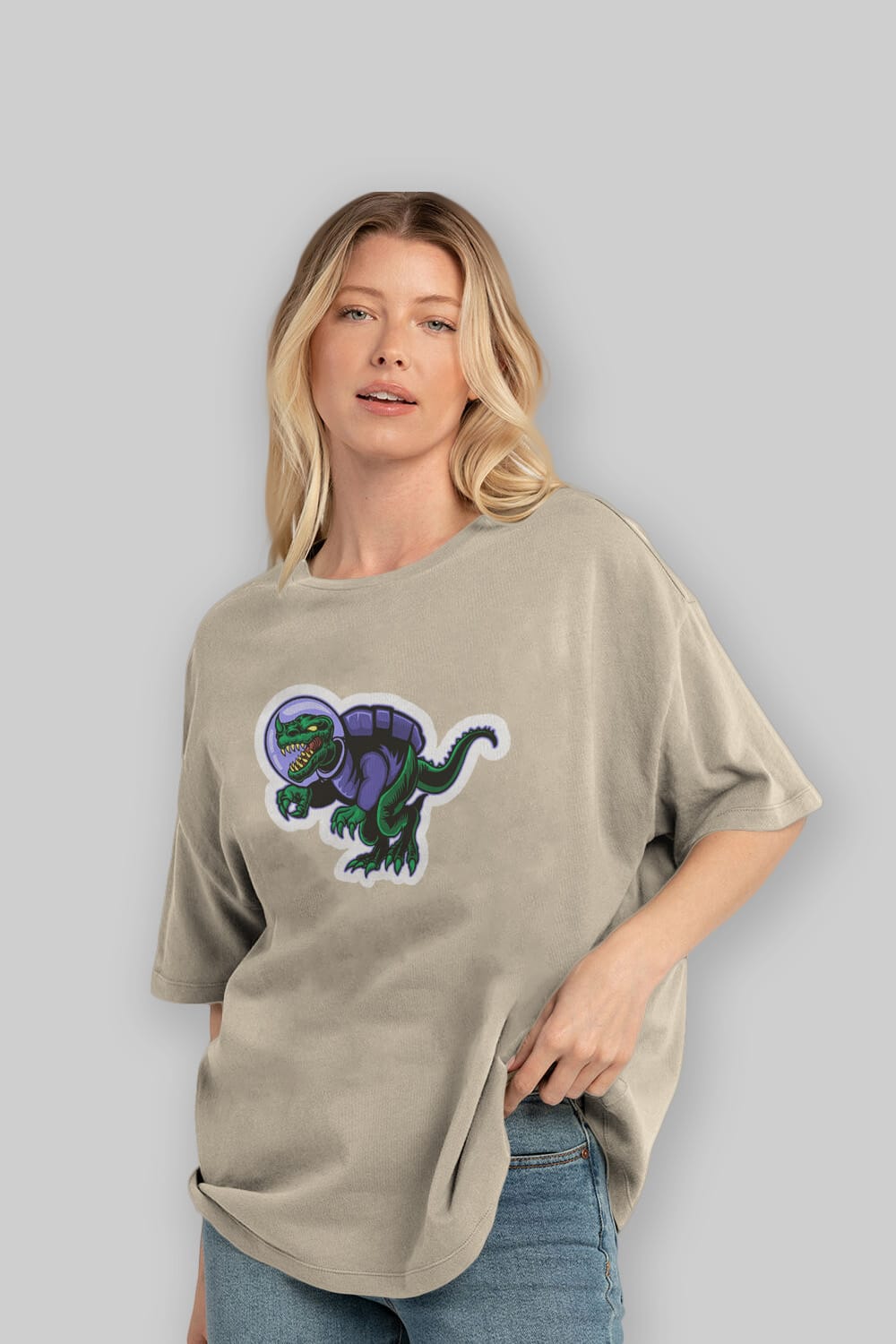 Space Dino Sticker Ön Baskılı Oversize t-shirt Erkek Kadın Unisex