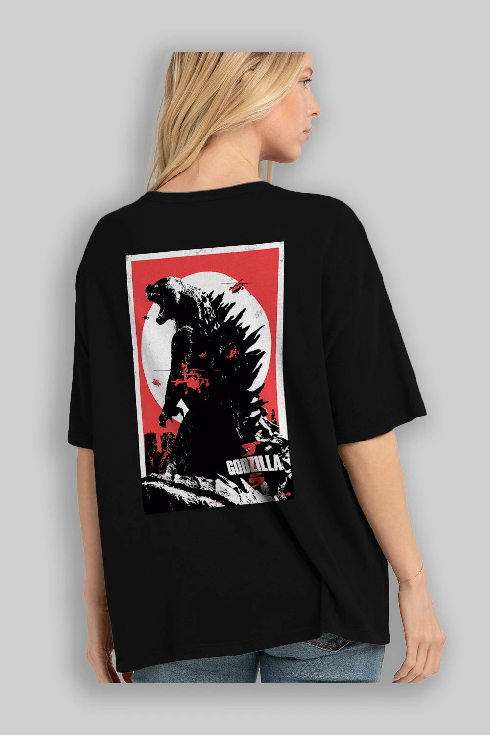 Godzilla (2) Arka Baskılı Oversize t-shirt Erkek Kadın Unisex %100 Pamuk Bisiklet Yaka tişort