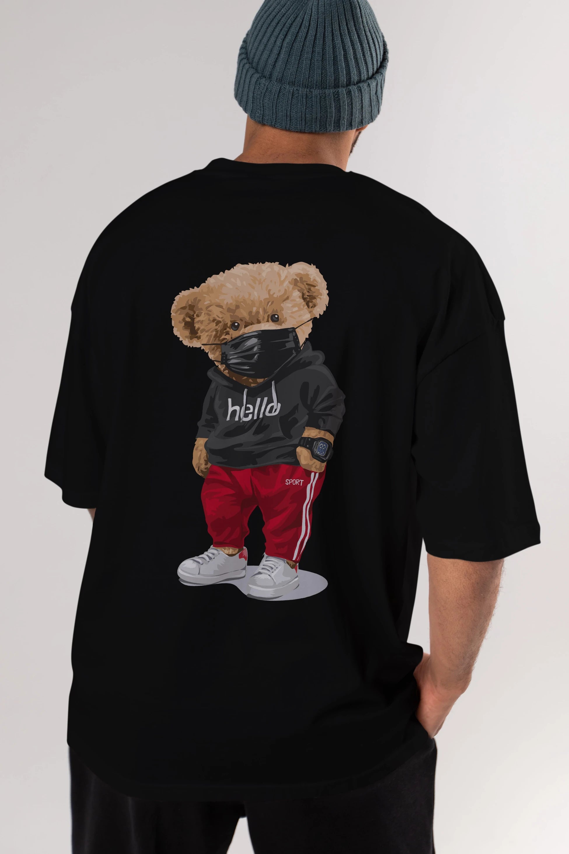 Teddy Bear Hello Sport Arka Baskılı Oversize t-shirt Erkek Kadın Unisex %100 Pamuk