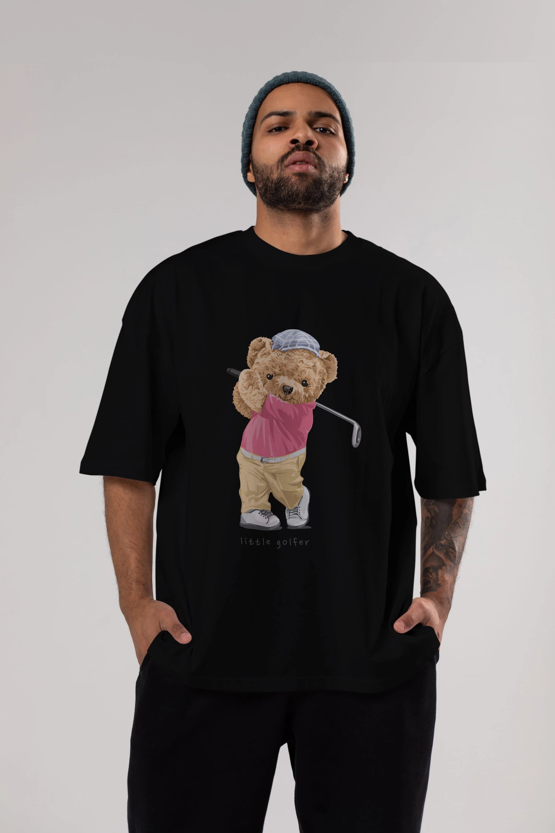 Teddy Bear Little Golfer Ön Baskılı Oversize t-shirt Erkek Kadın Unisex %100 Pamuk