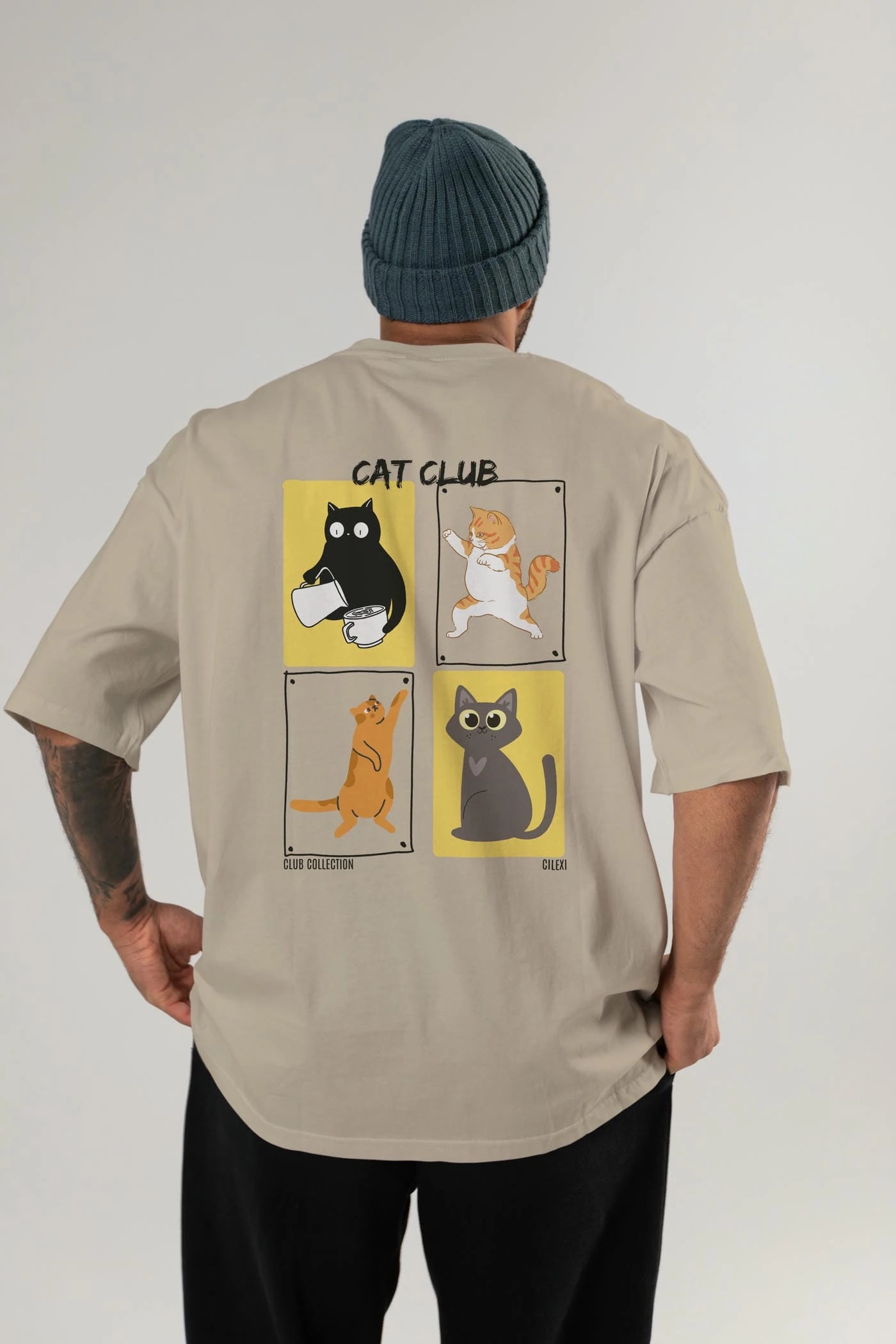 Cat Club Arka Baskılı Oversize t-shirt Erkek Kadın %100 Pamuk Bisiklet Yaka tişort