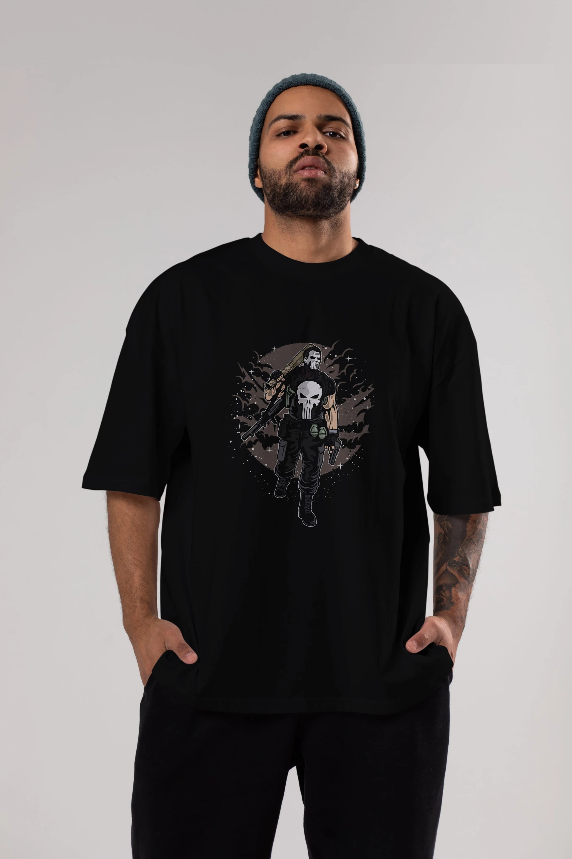Punisher Ön Baskılı Oversize t-shirt Erkek Kadın Unisex %100 Pamuk tişort