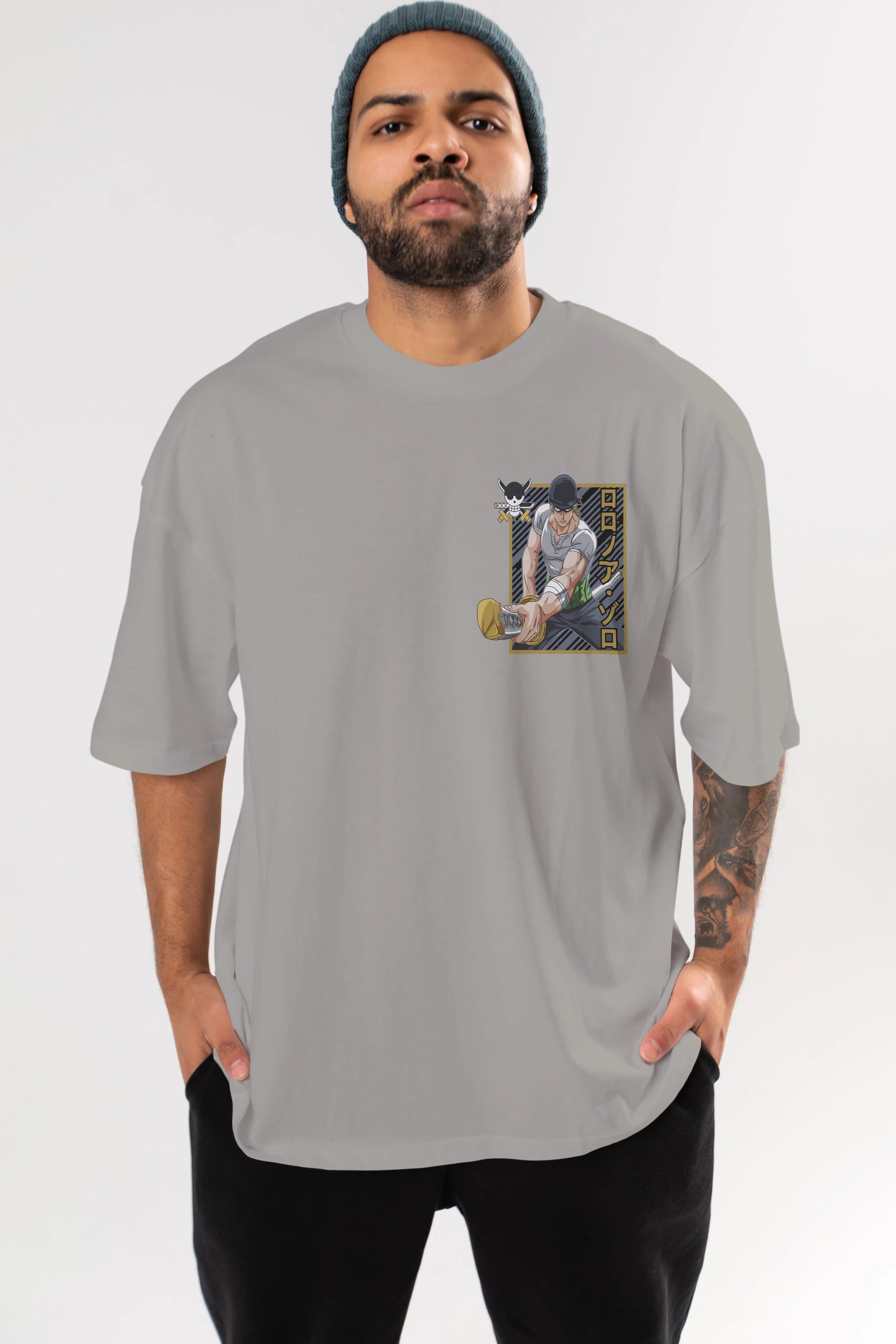 RORONOA ZORO Ön Sol Baskılı Oversize t-shirt Erkek Kadın Unisex %100 Pamuk Bisiklet Yaka tişort