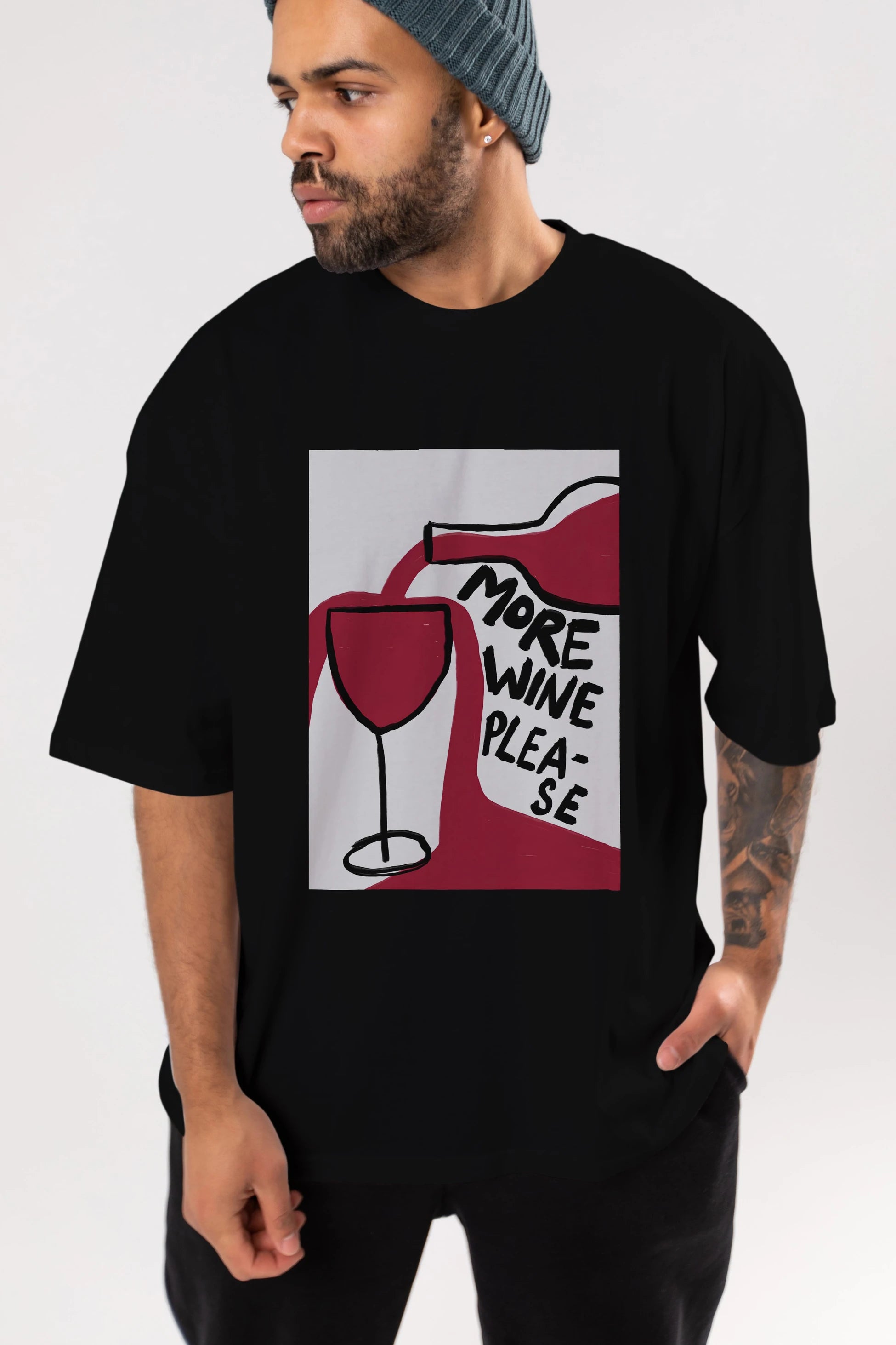 More Wine Please Ön Baskılı Oversize t-shirt Erkek Kadın Unisex %100 Pamuk Bisiklet Yaka tişort
