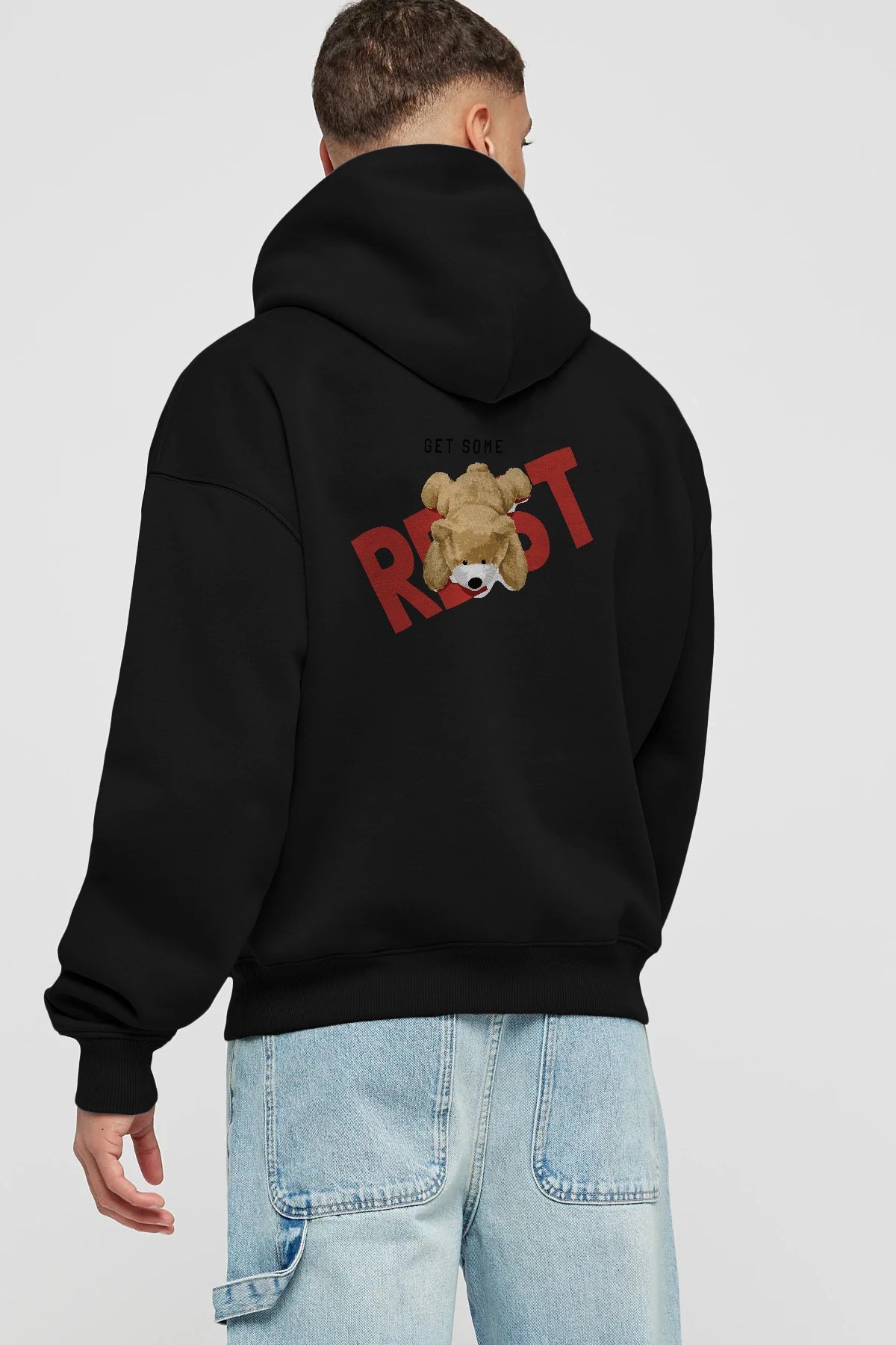 Teddy Bear Rest Arka Baskılı Hoodie Oversize Kapüşonlu Sweatshirt Erkek Kadın Unisex