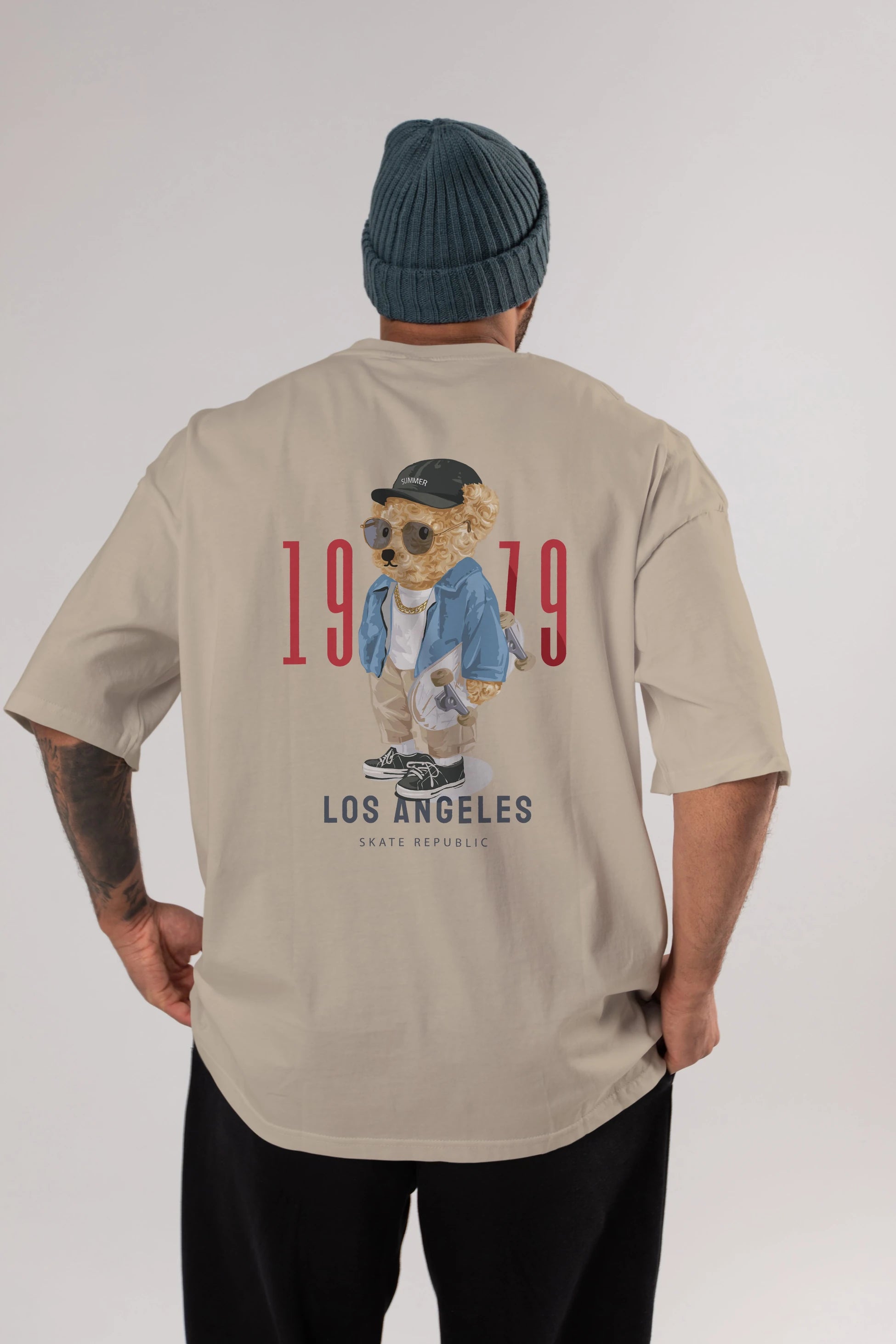 Teddy Bear Los Angeles Arka Baskılı Oversize t-shirt Erkek Kadın Unisex %100 Pamuk