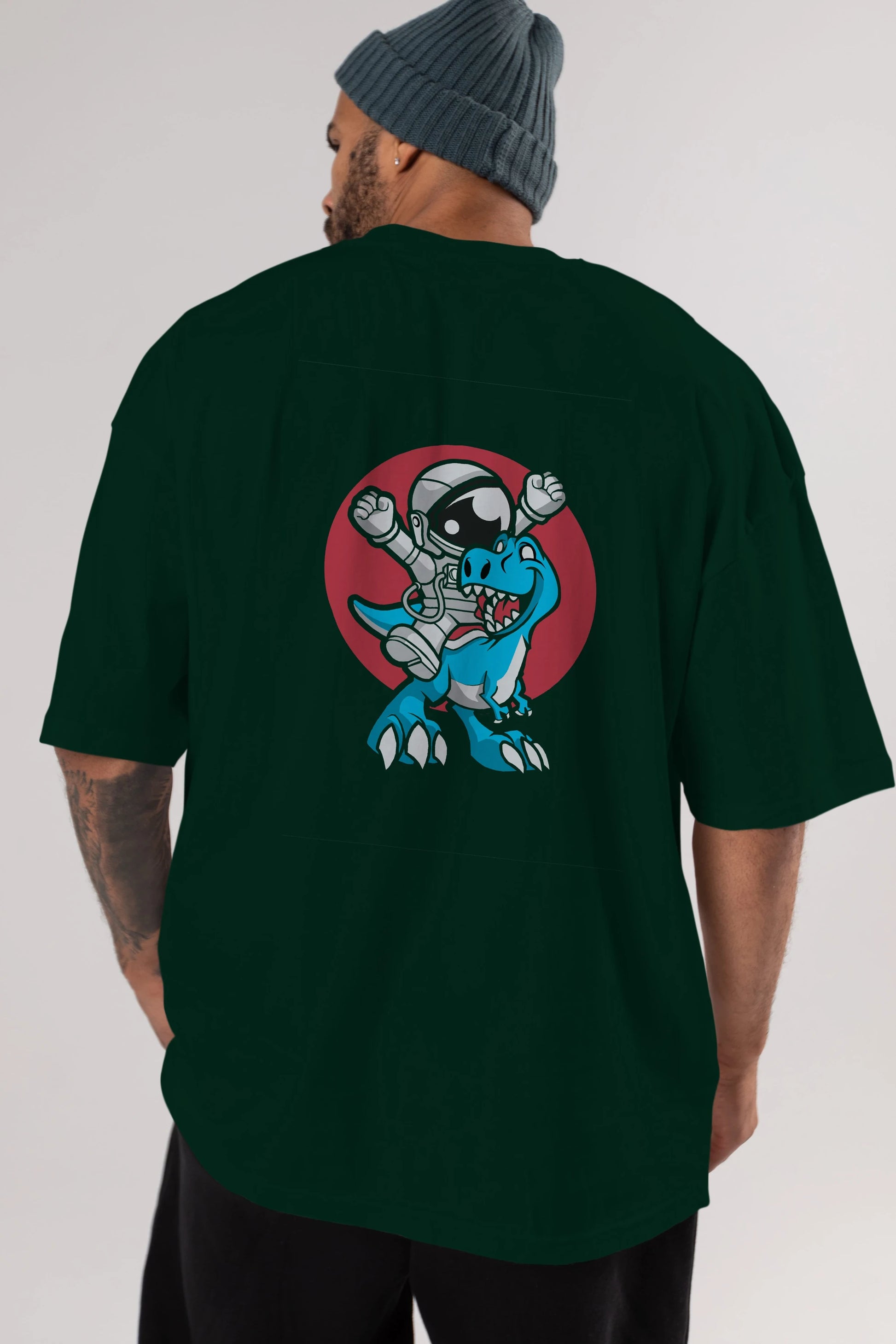 Astronaut Dino Arka Baskılı Oversize t-shirt Erkek Kadın Unisex %100 Pamuk tişort