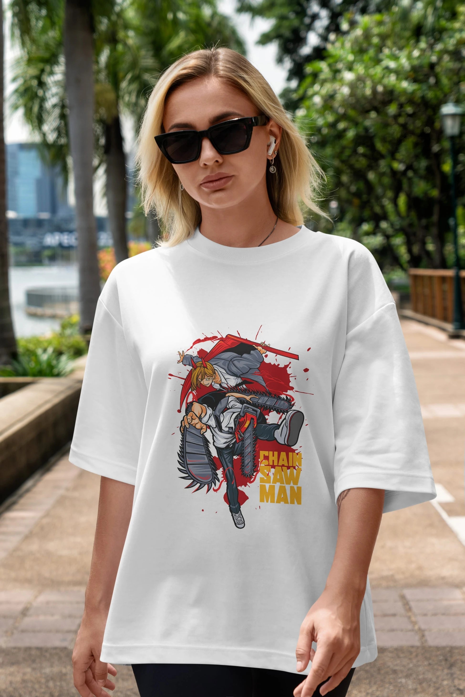 DENJI and POWER Anime Ön Baskılı Oversize t-shirt %100 pamuk Erkek Kadın Unisex