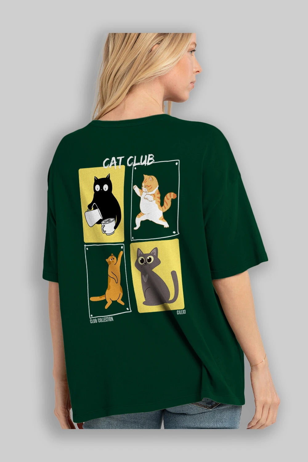 Cat Club Arka Baskılı Oversize t-shirt Erkek Kadın %100 Pamuk Bisiklet Yaka tişort