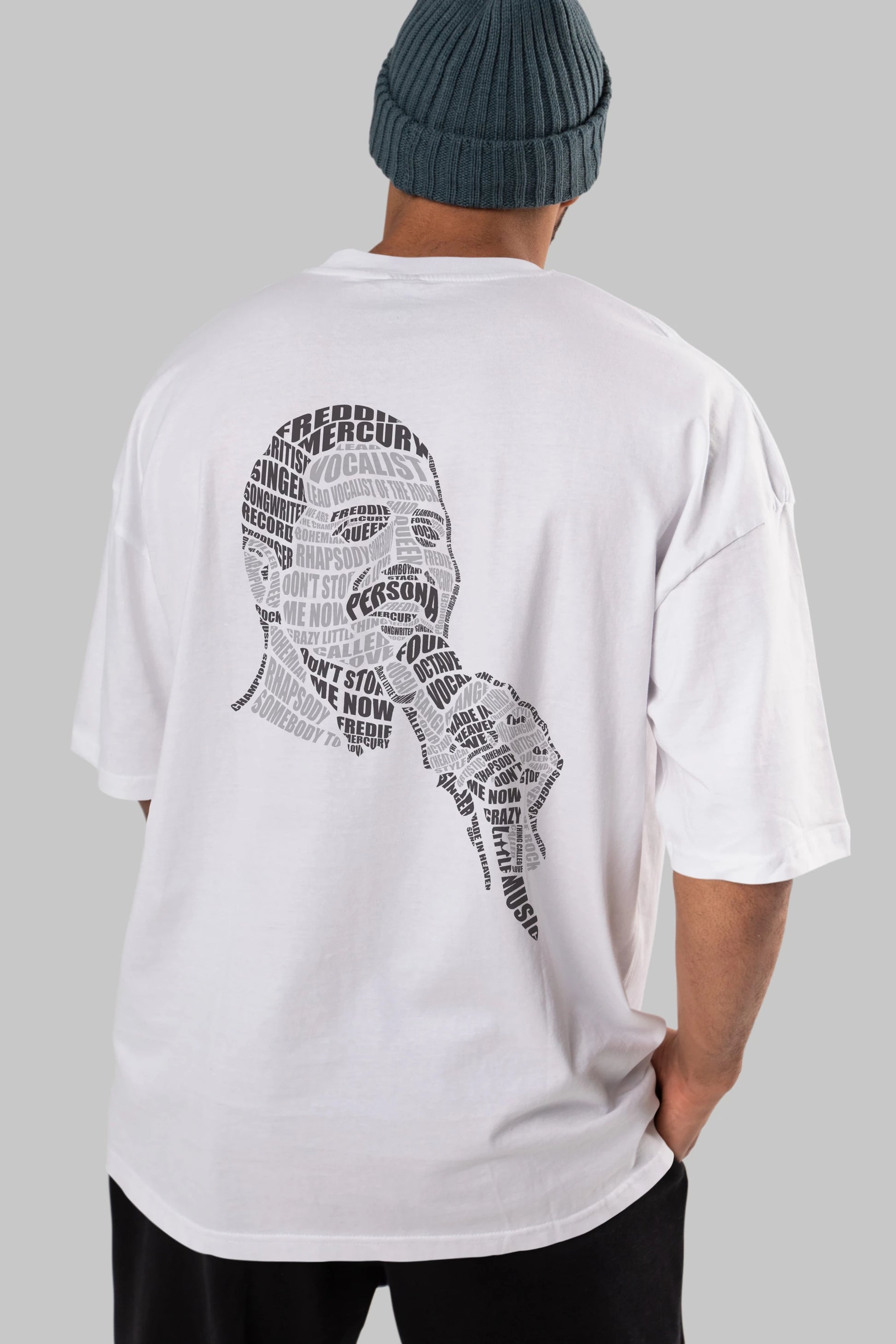 Freddy Mercuri Calligram Arka Baskılı Oversize t-shirt %100 pamuk Erkek Kadın Unisex
