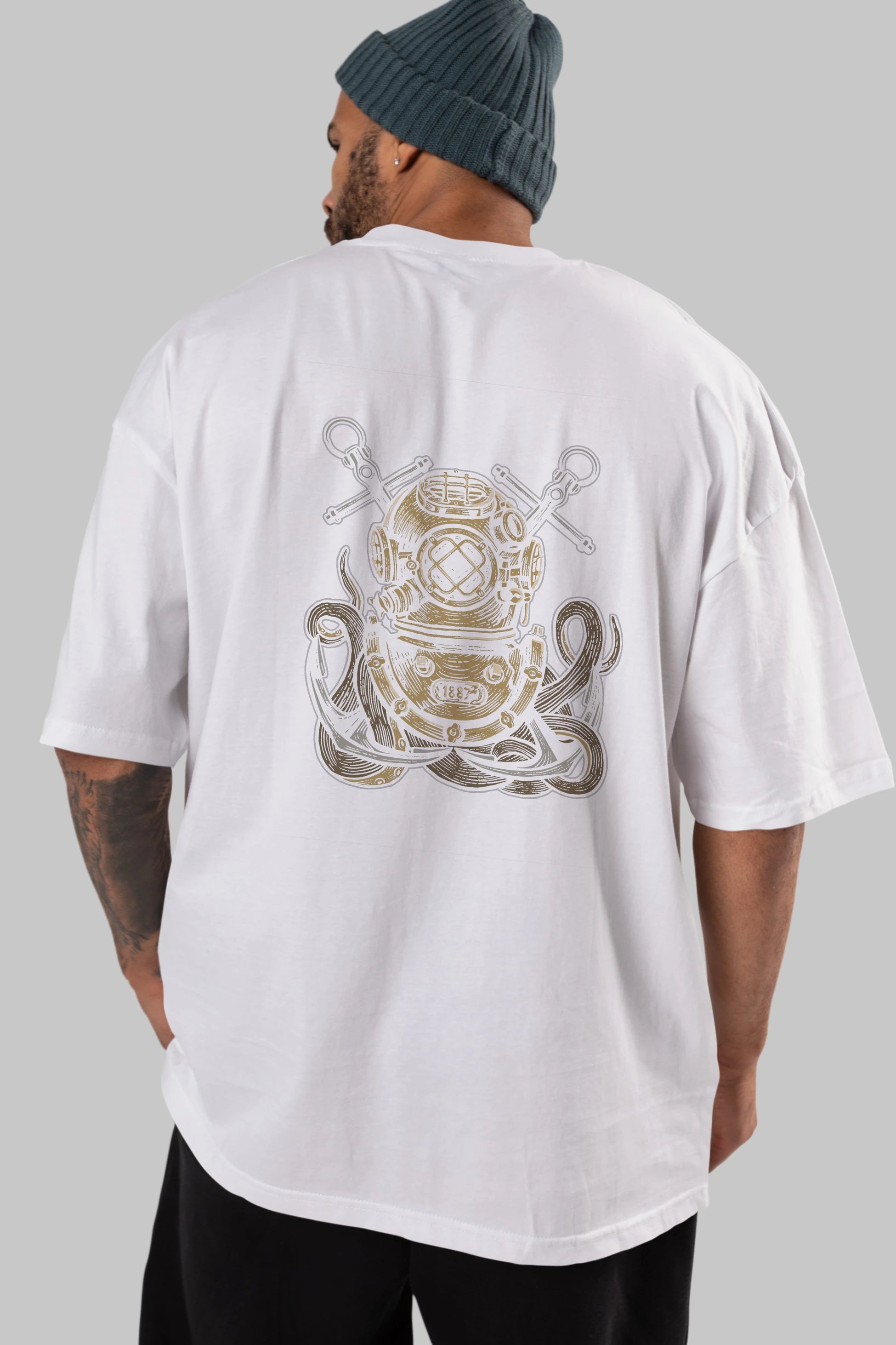 Diver Octopus Arka Baskılı Oversize t-shirt Erkek Kadın Unisex %100 Pamuk