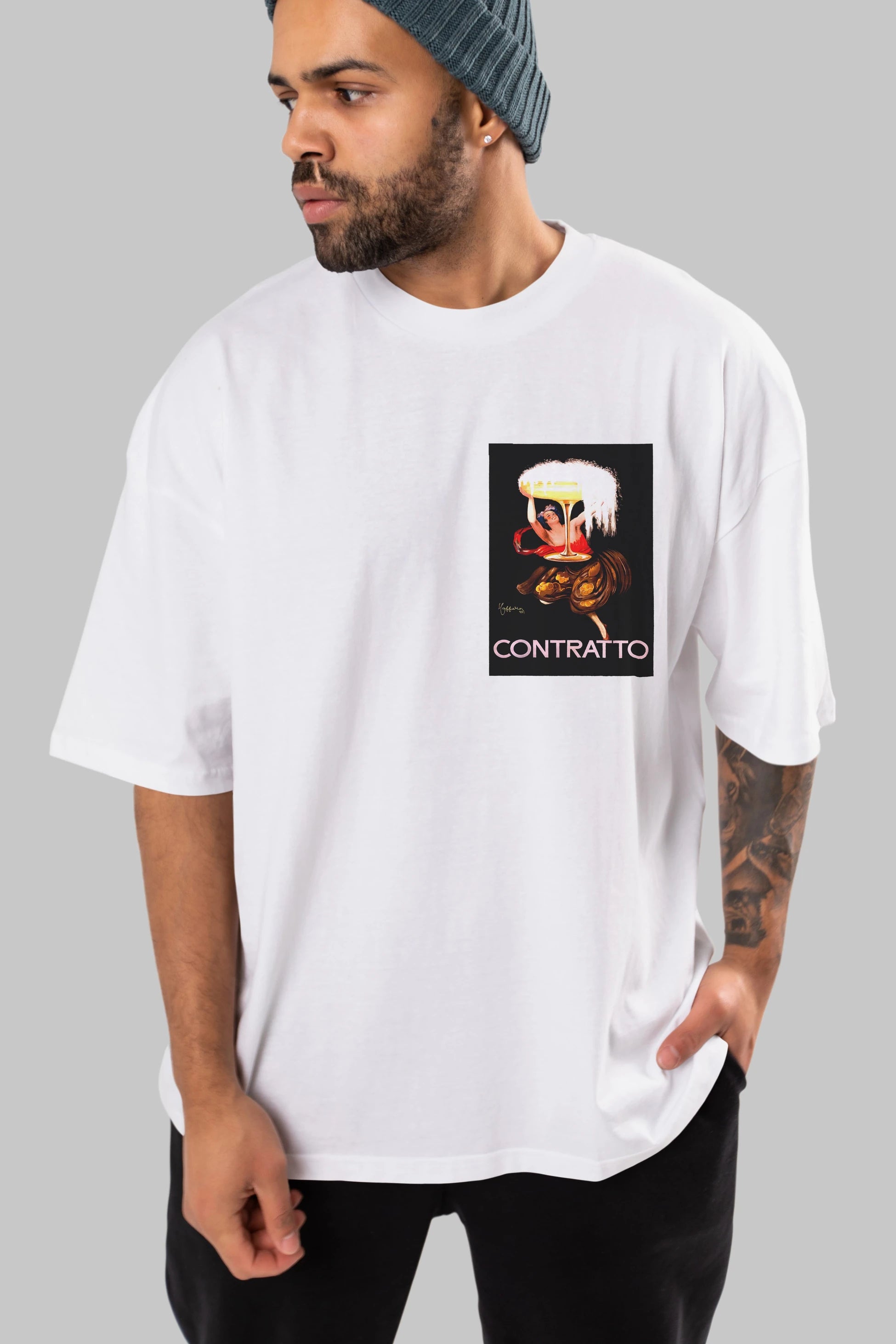 Contratto Ön Sol Baskılı Oversize t-shirt Erkek Kadın Unisex %100 Pamuk Bisiklet Yaka tişort