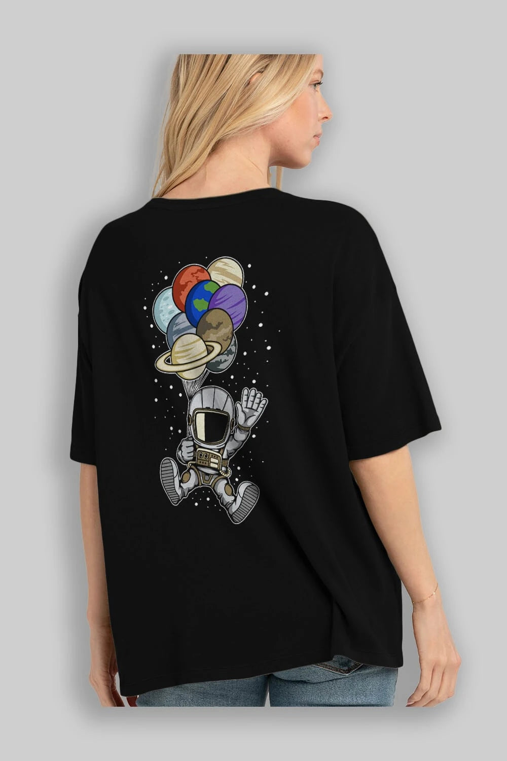 Astronaut Baloon Planets Arka Baskılı Oversize t-shirt Erkek Kadın Unisex