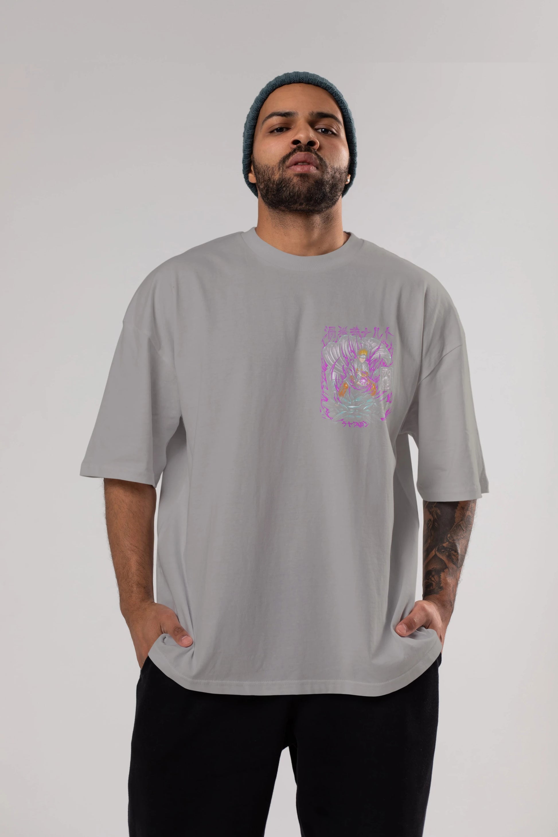 NARUTO Ön Sol Baskılı Oversize t-shirt Erkek Kadın Unisex %100 Pamuk Bisiklet Yaka tişort