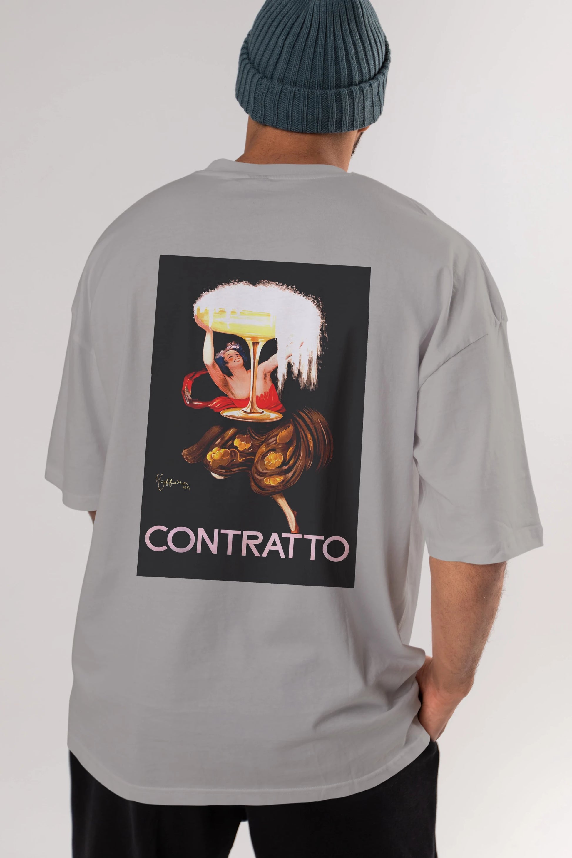 Contratto Arka Baskılı Oversize t-shirt Erkek Kadın Unisex %100 Pamuk Bisiklet Yaka tişort