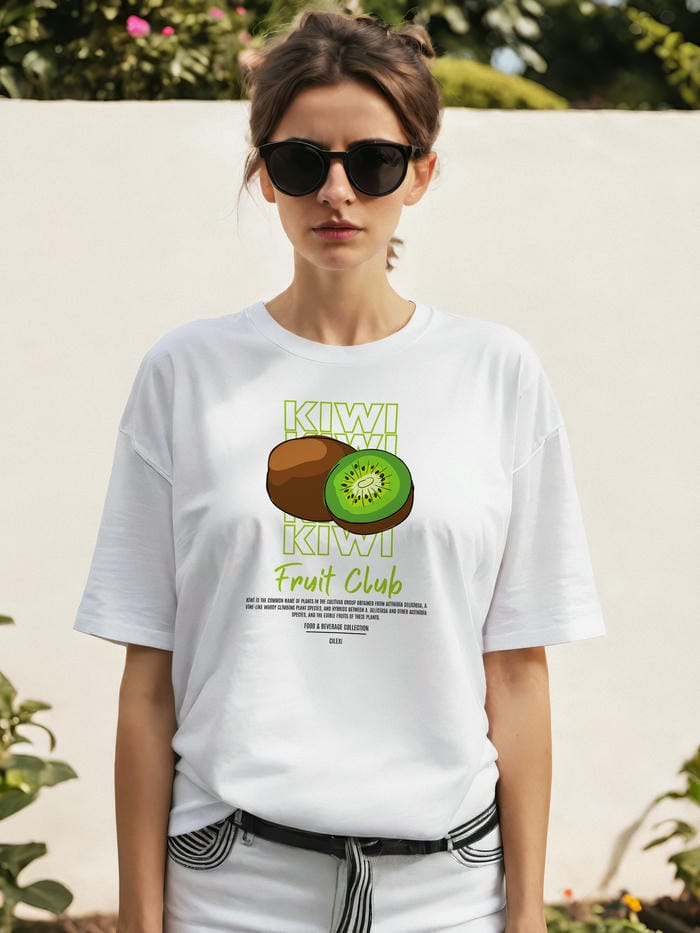 Kiwi Ön Baskılı Oversize t-shirt Erkek Kadın Pamuk Bisiklet Yaka tişort