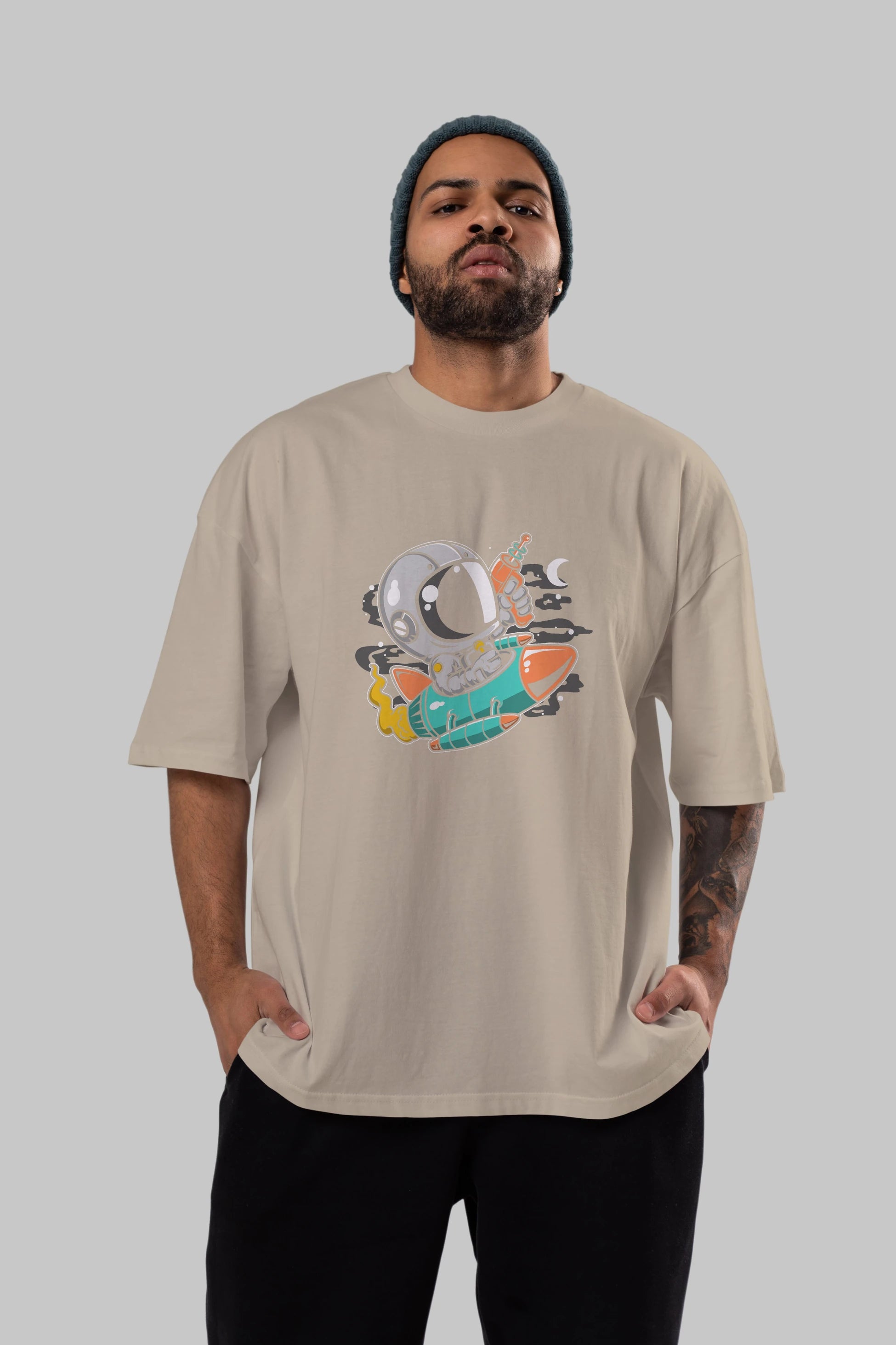 Astronaut Riding Rocket Ön Baskılı Oversize t-shirt Erkek Kadın Unisex