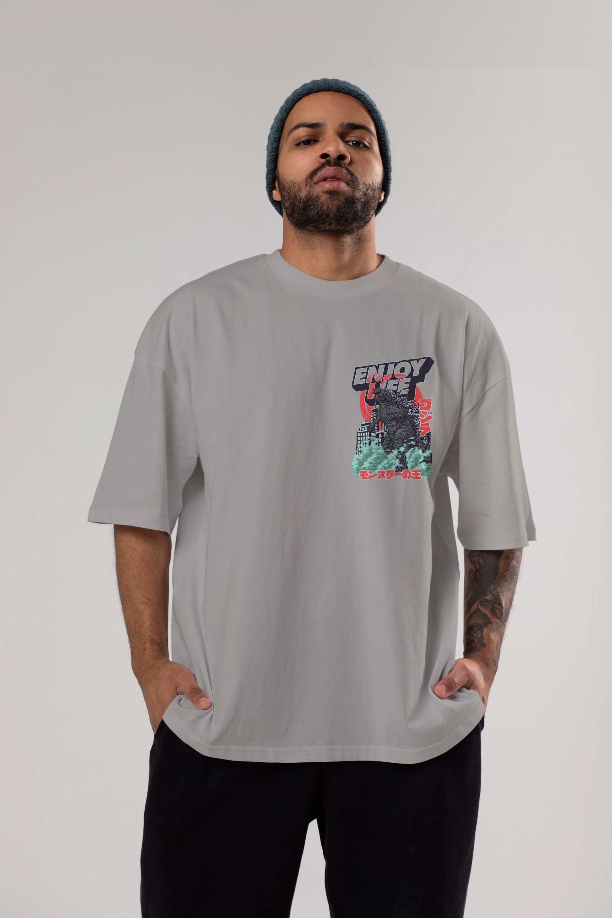 Godzilla Ön Sol Baskılı Oversize t-shirt Erkek Kadın Unisex %100 Pamuk Bisiklet Yaka tişort